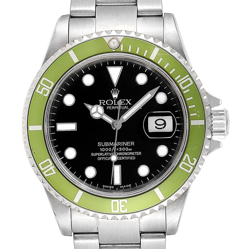 Rolex Submariner Green 50th Anniversary Flat 4 Mens Watch 16610LV. Officially certified chronometer self-winding movement. Stainless steel oyster case 40.0 mm in diameter. Rolex logo on a crown. Special time-lapse unidirectional rotating bezel with