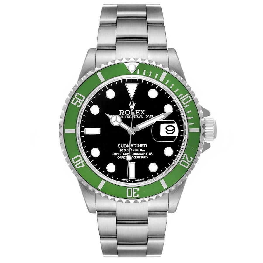 Rolex Submariner Green 50th Anniversary Flat 4 Watch 16610LV. Officially certified chronometer self-winding movement. Stainless steel oyster case 40.0 mm in diameter. Rolex logo on a crown. Special time-lapse unidirectional rotating bezel with green