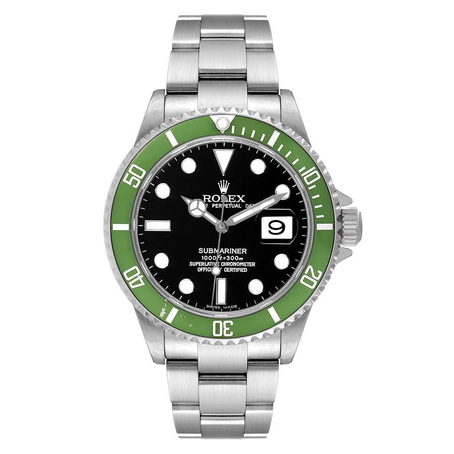 Rolex Submariner Green 50th Anniversary Flat 4 Watch 16610LV. Officially certified chronometer self-winding movement. Stainless steel oyster case 40.0 mm in diameter. Rolex logo on a crown. Special time-lapse unidirectional rotating bezel with green