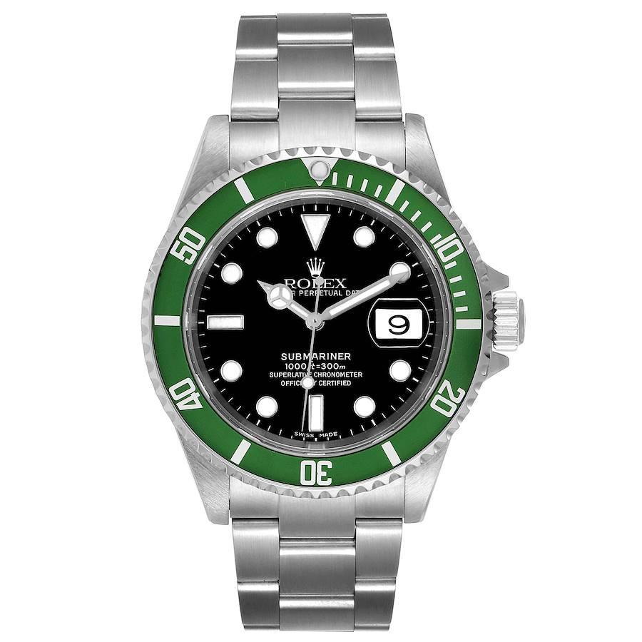 Rolex Submariner Green 50th Anniversary Watch 16610LV. Officially certified chronometer self-winding movement. Stainless steel oyster case 40.0 mm in diameter. Rolex logo on a crown. Special time-lapse unidirectional rotating bezel with green