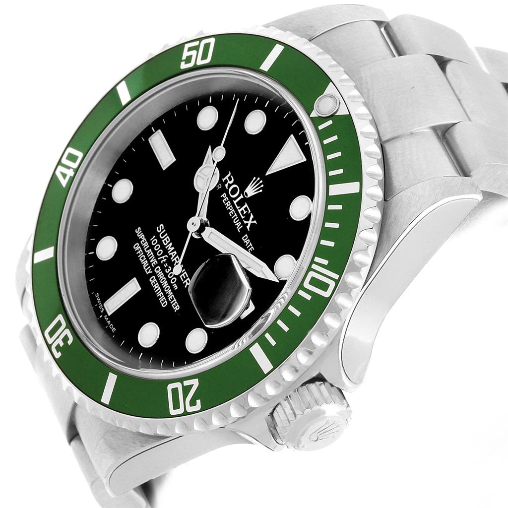 Rolex Submariner Green 50th Anniversary Kermit Watch 16610LV Unworn. Officially certified chronometer automatic self-winding movement. Stainless steel oyster case 40.0 mm in diameter. Rolex logo on a crown. Special time-lapse unidirectional rotating