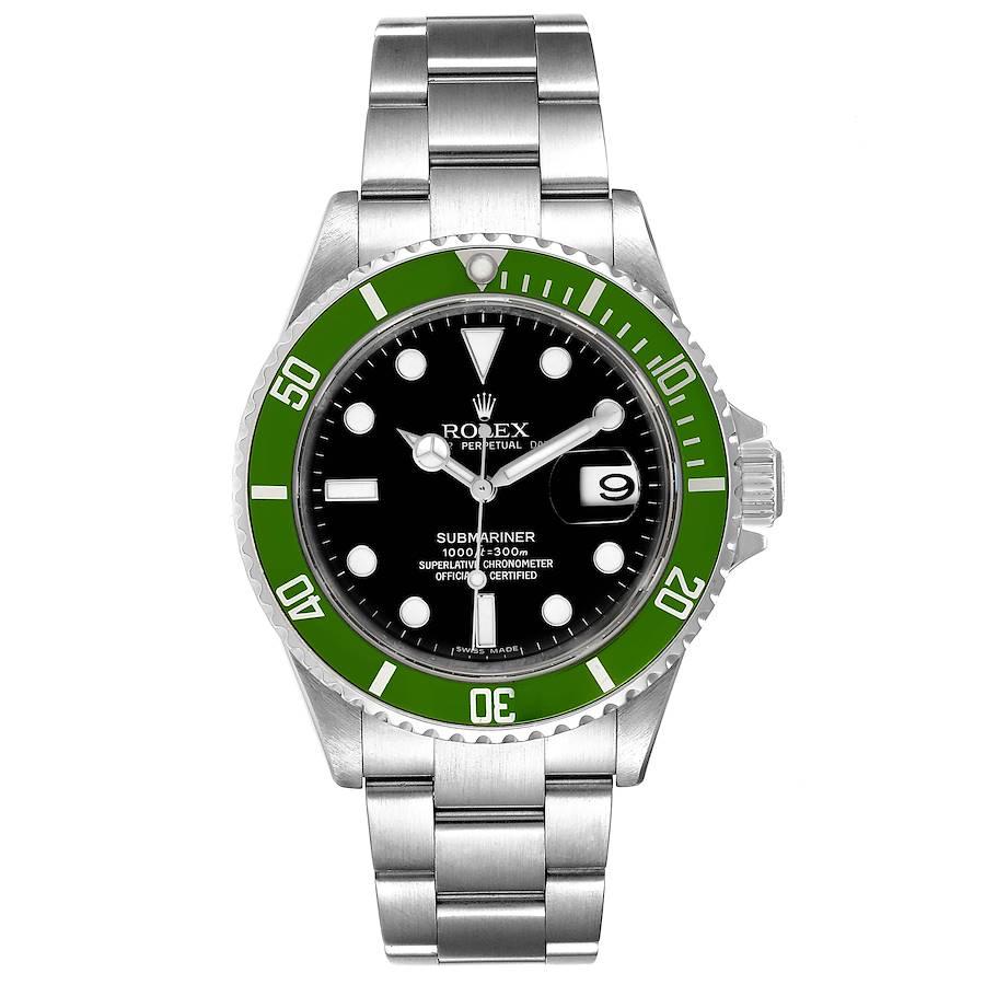 Rolex Submariner Green 50th Anniversary Mens Watch 16610LV Box Card. Officially certified chronometer self-winding movement. Stainless steel oyster case 40.0 mm in diameter. Rolex logo on a crown. Special time-lapse unidirectional rotating bezel