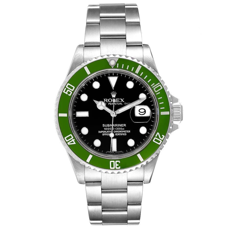 Rolex Submariner Green 50th Anniversary Mens Watch 16610LV Box Papers. Officially certified chronometer self-winding movement. Stainless steel oyster case 40.0 mm in diameter. Rolex logo on a crown. Special time-lapse unidirectional rotating bezel