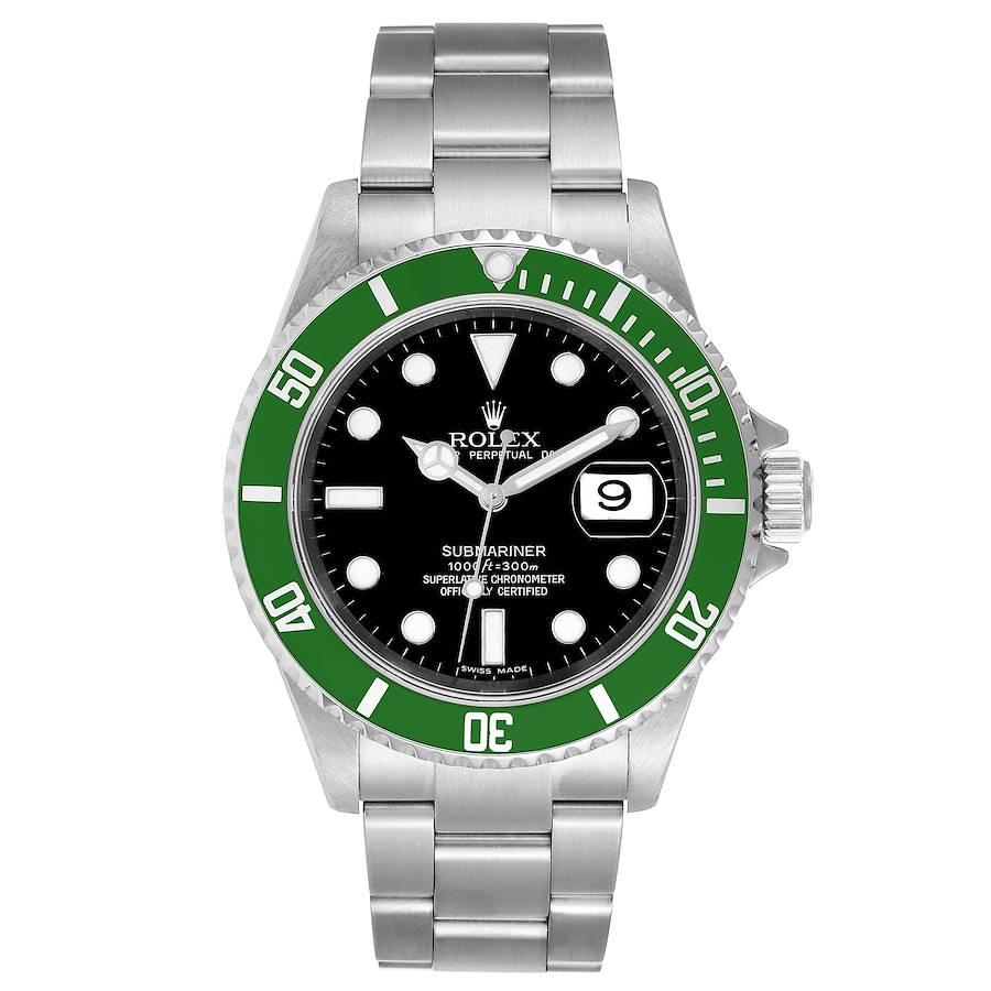 Rolex Submariner Green 50th Anniversary Mens Watch 16610LV. Officially certified chronometer self-winding movement. Stainless steel oyster case 40.0 mm in diameter. Rolex logo on a crown. Special time-lapse unidirectional rotating bezel with green