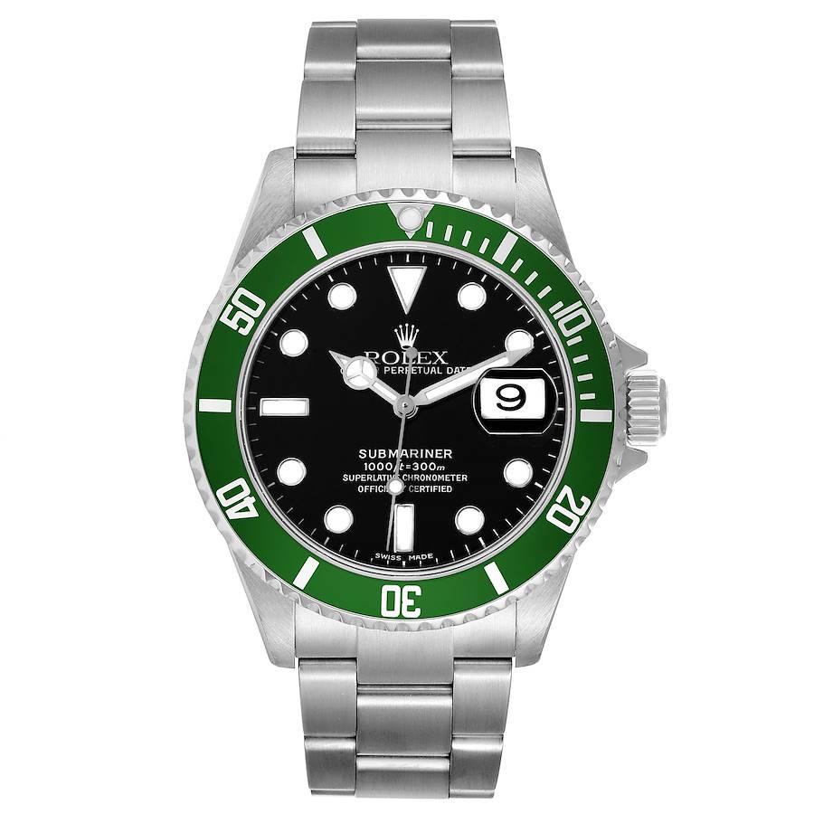 Rolex Submariner Green 50th Anniversary Steel Mens Watch 16610LV Box Papers. Officially certified chronometer self-winding movement. Stainless steel oyster case 40.0 mm in diameter. Rolex logo on a crown. Special time-lapse unidirectional rotating