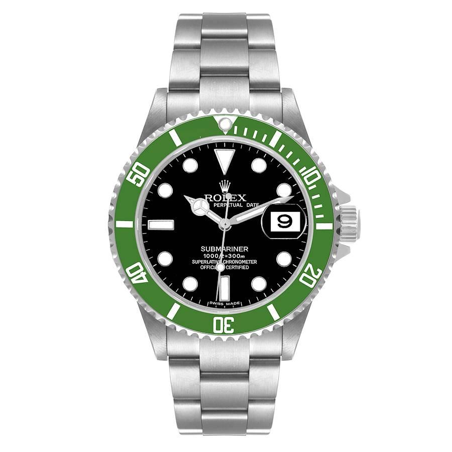 Rolex Submariner Green 50th Anniversary Steel Mens Watch 16610LV. Officially certified chronometer self-winding movement. Stainless steel oyster case 40.0 mm in diameter. Rolex logo on a crown. Special time-lapse unidirectional rotating bezel with