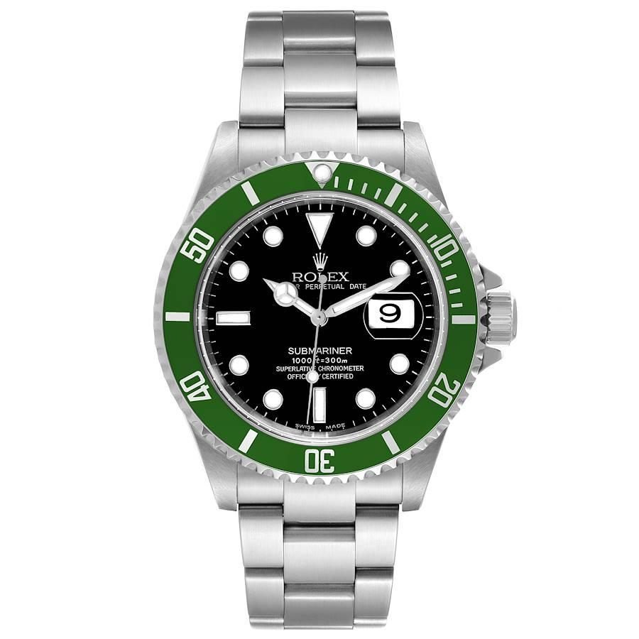 Rolex Submariner Green 50th Anniversary Steel Watch 16610LV Unworn NOS. Officially certified chronometer self-winding movement. Stainless steel oyster case 40.0 mm in diameter. Rolex logo on a crown. Special time-lapse unidirectional rotating bezel