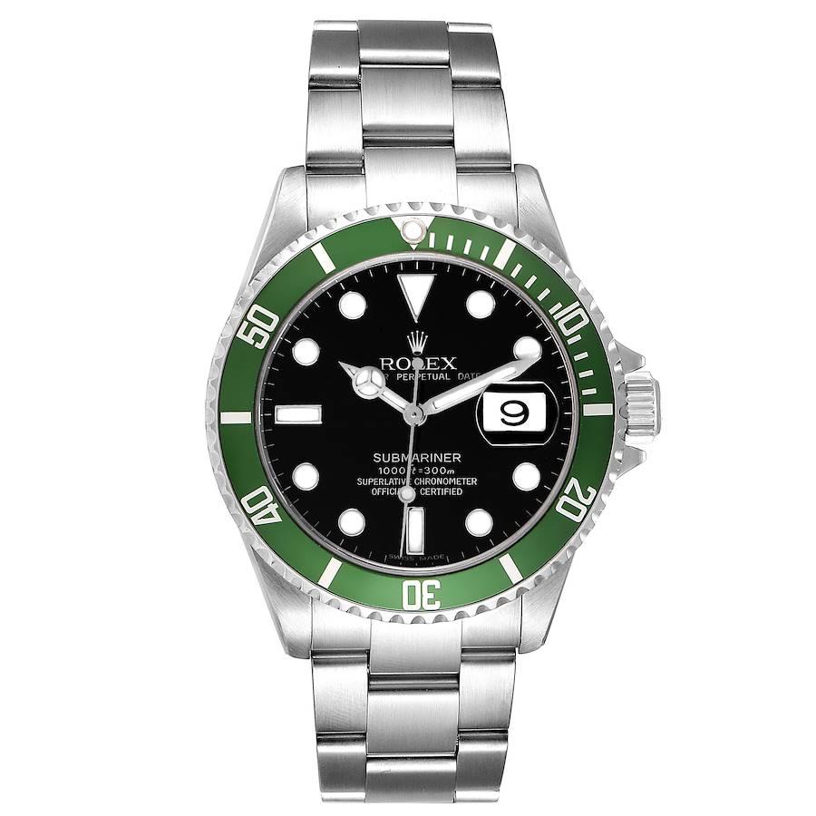 Rolex Submariner Green 50th Anniversary Watch 16610LV. Officially certified chronometer self-winding movement. Stainless steel oyster case 40.0 mm in diameter. Rolex logo on a crown. Special time-lapse unidirectional rotating bezel with green