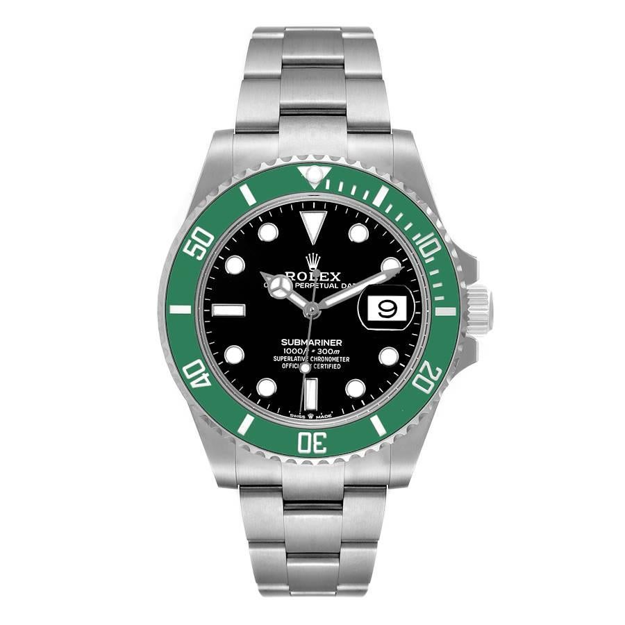 Rolex Submariner Green Kermit Cerachrom Mens Watch 126610LV Unworn. 3235. Stainless steel oyster case 41 mm in diameter. Rolex logo on the crown. Special time-lapse unidirectional rotating bezel with green insert. Scratch resistant sapphire crystal