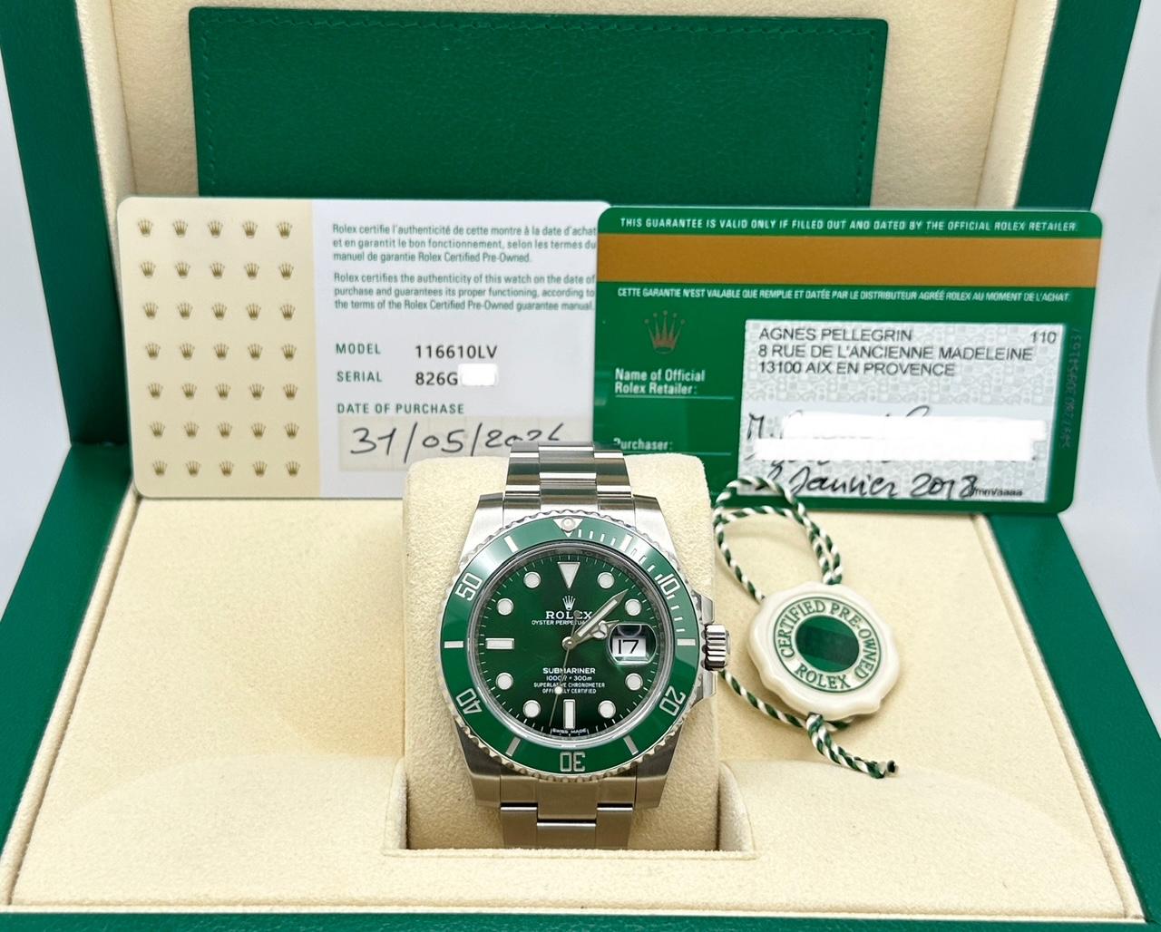 Rolex Submariner Hulk 116610LV Ceramic Green Bezel Green Dial Steel Box Paper In Excellent Condition For Sale In San Diego, CA