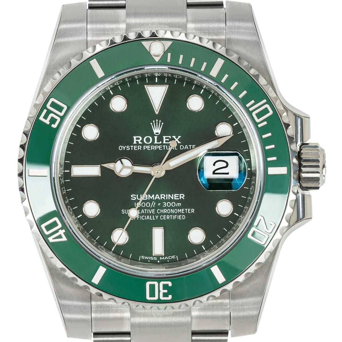 An unworn Submariner Date Hulk in Oystersteel by Rolex. Featuring a green dial and green unidirectional rotatable ceramic bezel with 60 minute graduations. The Oyster bracelet comes equipped with a folding Oysterlock clasp. Fitted with a scratch