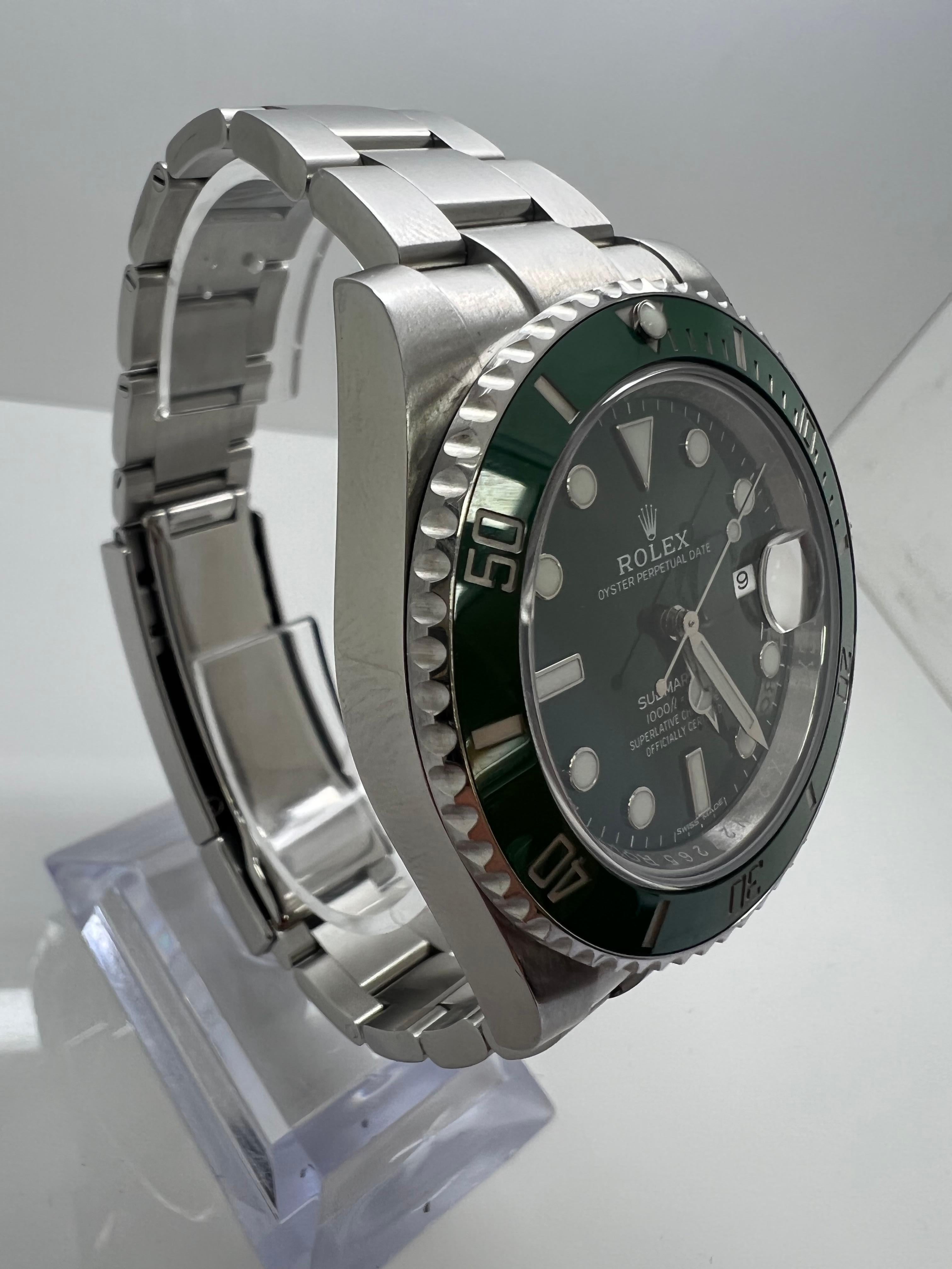 Rolex Submariner Hulk 116610LV Green Ceramic Bezel Watch Box Papers 

Excellent condition

Original Box and Papers Warranty Card

all original Rolex parts

40mm case

2 year warranty on movement for first time customers

shop with confidence 

Evita