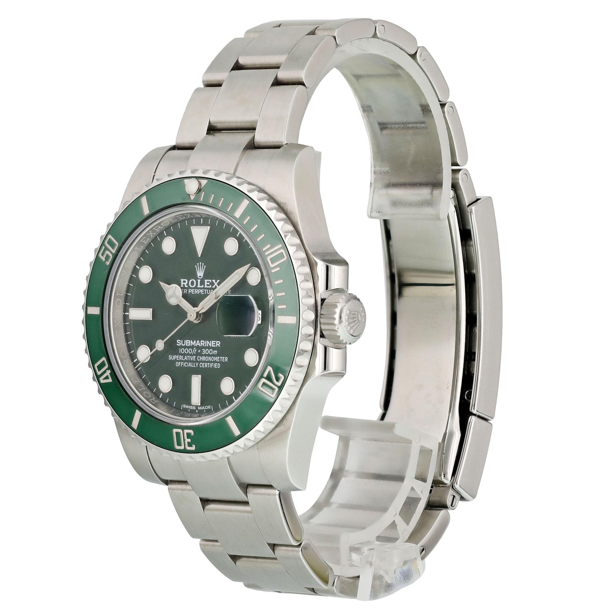 Rolex Submariner Hulk 116610lV Men Watch. 
40mm Stainless Steel case. 
Stainless Steel Unidirectional bezel with green ceramic bezel insert. 
Green dial with Luminous Steel hands and index, dot hour markers. 
Minute markers on the outer dial. 
Date