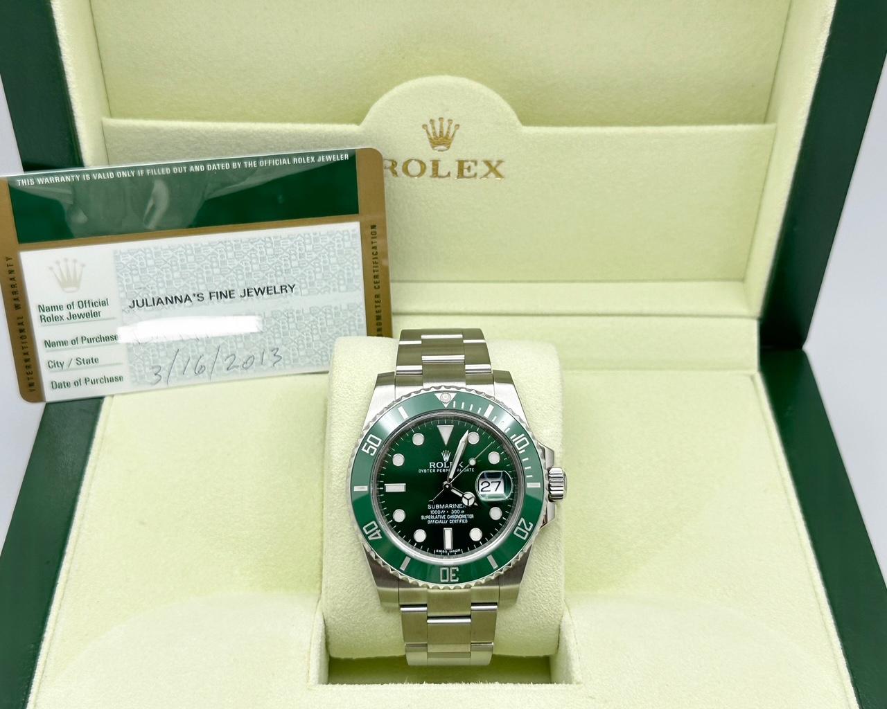 Style Number: 116610V



Serial: G523***



Year: 2013

 

Model: Rolex Submariner 
