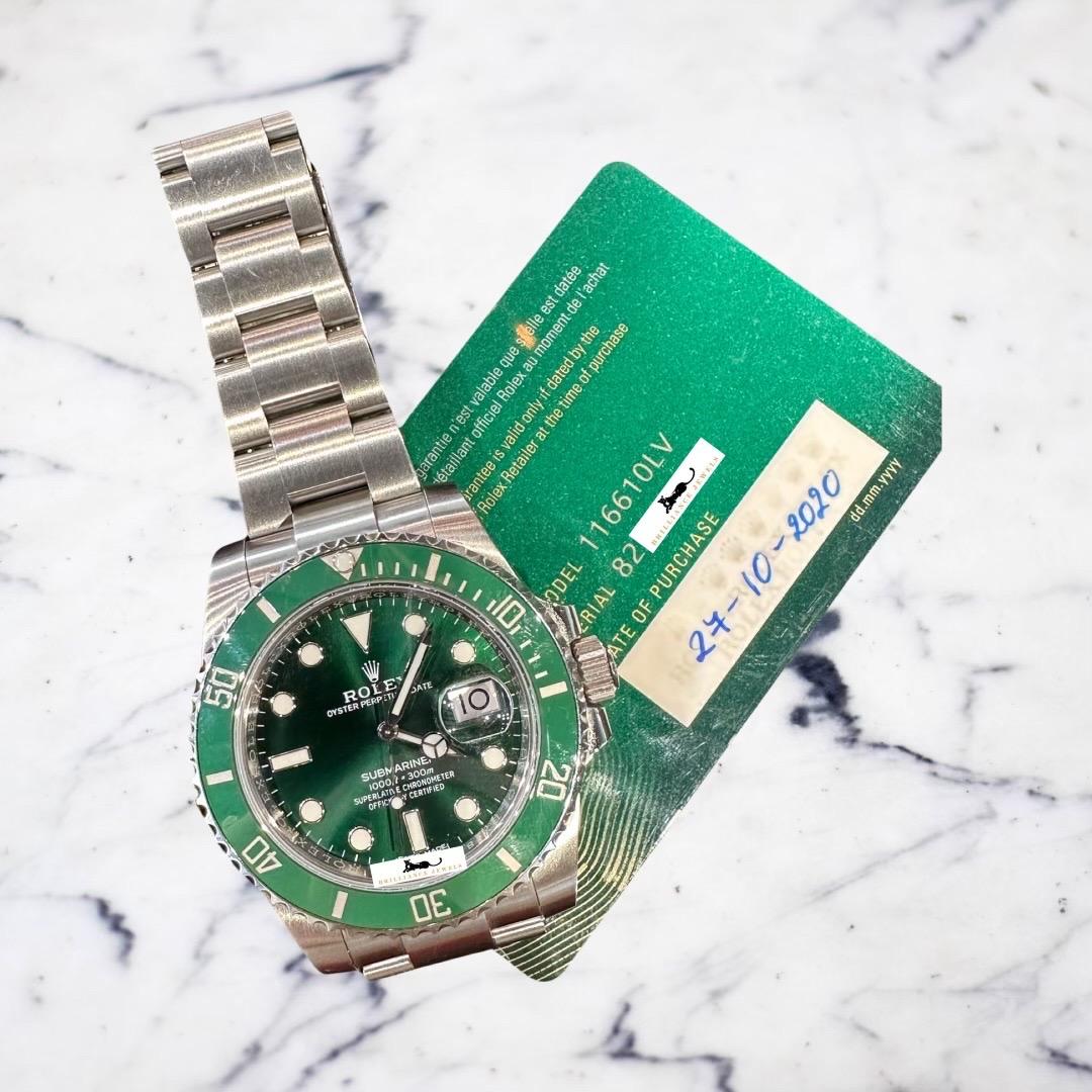 Brand: Rolex 

Model Name: Submariner

Model Number: 116610LV

Movement: Mechanical Automatic

Case Size: 40 mm

Case Material: Stainless Steel

Bracelet: Stainless Steel Oyster

Dial: Green maxi dial with enlarged indices, sunburst 

Bezel: Green