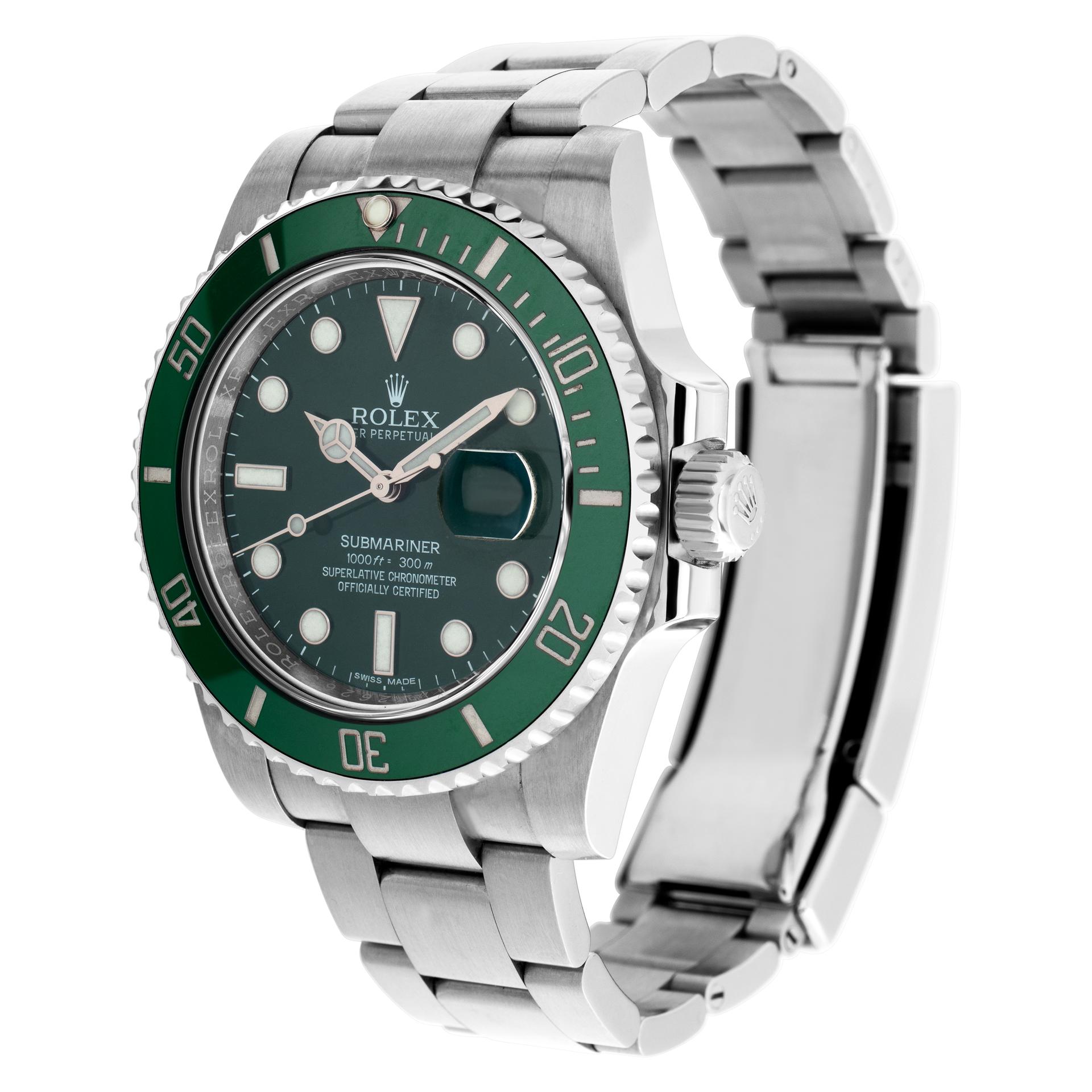 Rolex Submariner 'Hulk' in stainless steel. Auto w/ sweep seconds and date. 40 mm case size. Ref 116610LV. Circa 2010s. **Bank wire only at this price** Fine Pre-owned Rolex Watch. Certified preowned Sport Rolex Submariner 116610LV watch is made out