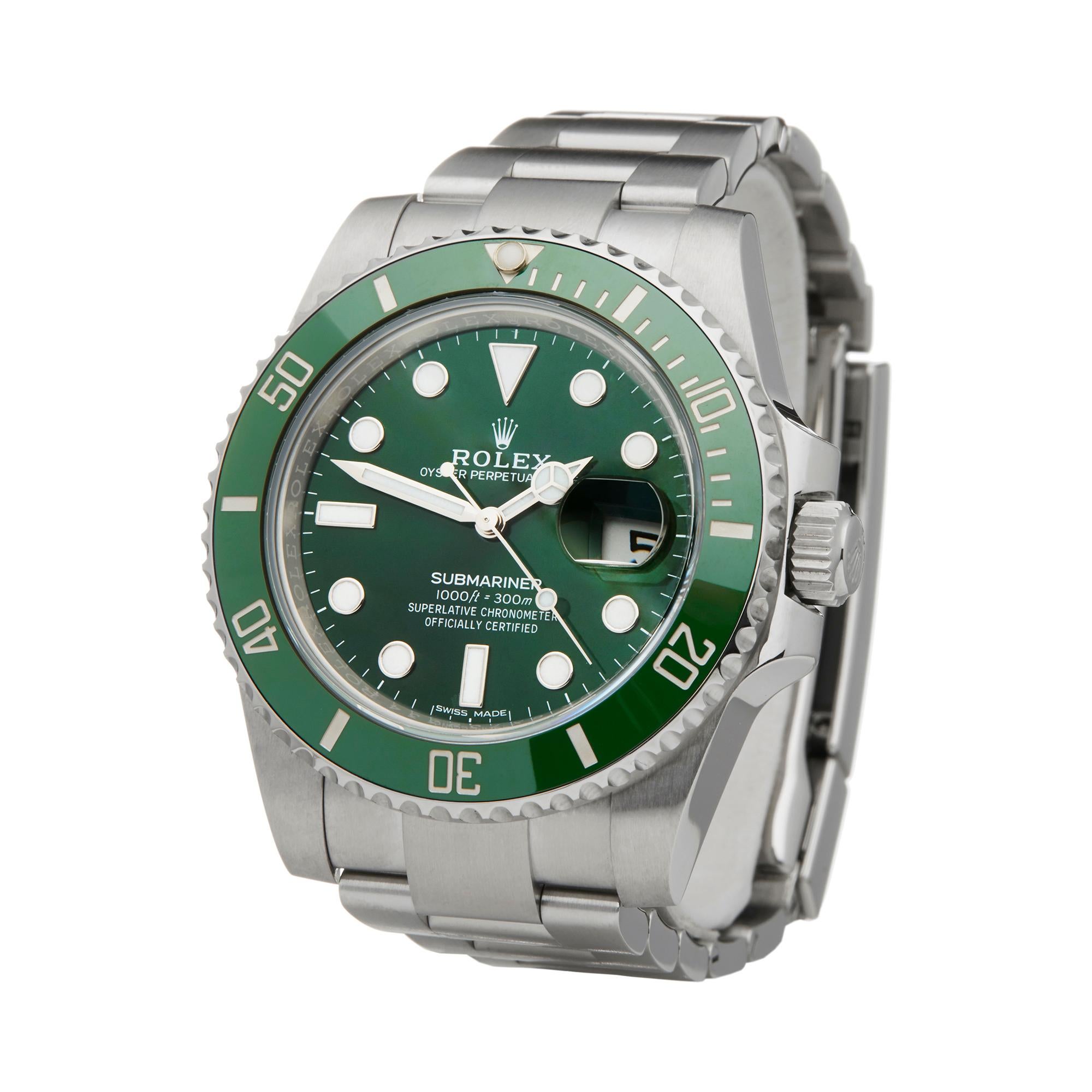 Ref: W6025
Manufacturer: Rolex
Model: Submariner
Model Ref: 116610LV
Age: 24th March 2017
Gender: Mens
Complete With: Box, Guarantee & Swing Tags 
Dial: Green
Glass: Sapphire Crystal
Movement: Automatic
Water Resistance: To Manufacturers