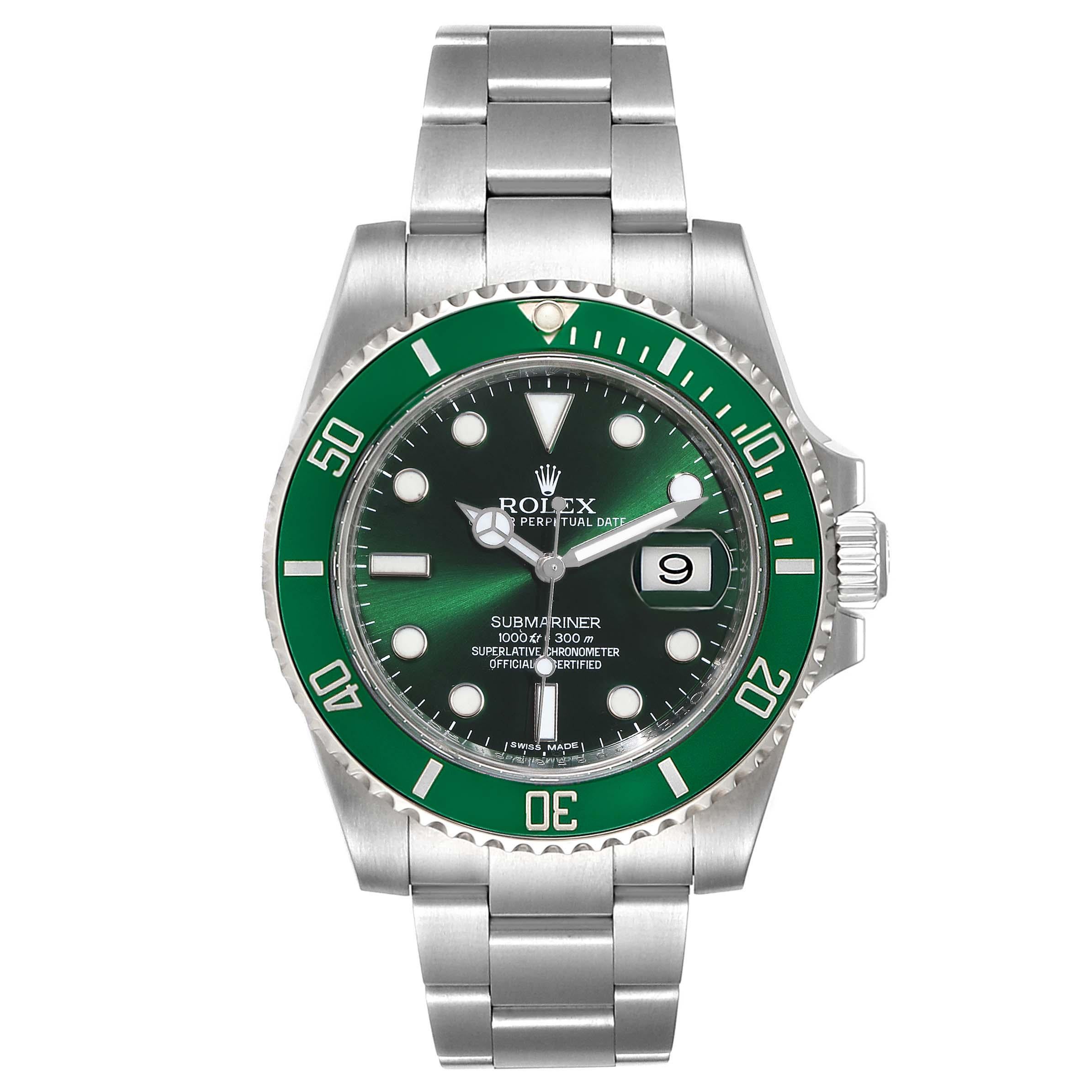 Rolex Submariner Hulk Green Dial Bezel Mens Watch 116610LV Box Card. Officially certified chronometer self-winding movement. Oyster case 40 mm in diameter. Rolex logo on a crown. Special time-lapse unidirectional rotating green ceramic bezel.