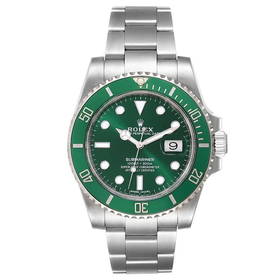 Rolex Submariner Hulk Green Dial Bezel Mens Watch 116610LV Box Card. Officially certified chronometer self-winding movement. Oyster case 40 mm in diameter. Rolex logo on a crown. Special time-lapse unidirectional rotating green ceramic bezel.