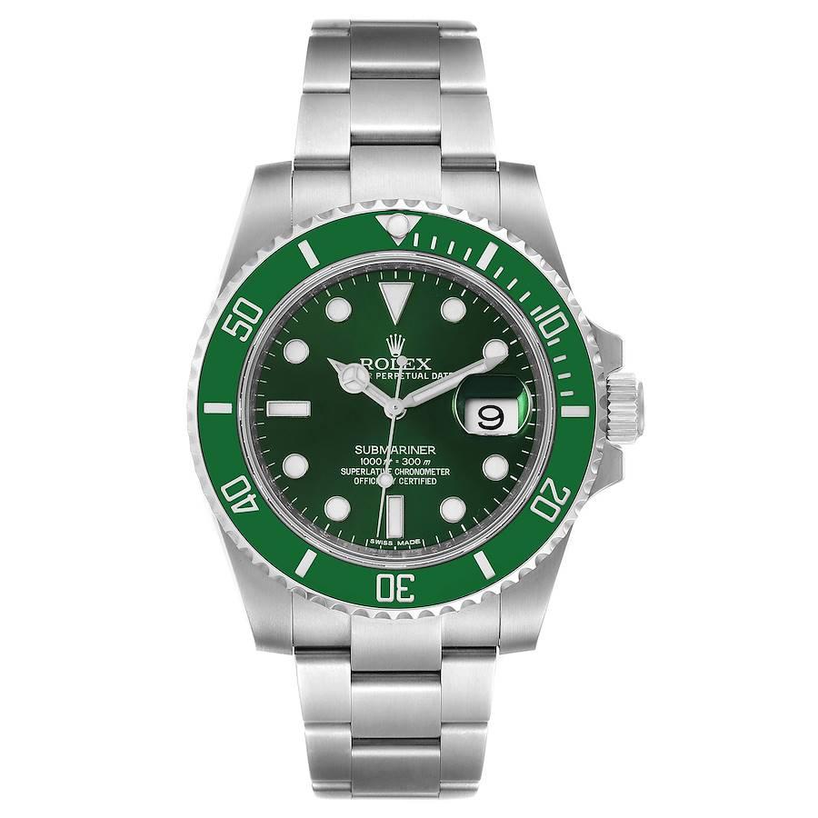 Rolex Submariner Hulk Green Dial Bezel Steel Mens Watch 116610. Officially certified chronometer self-winding movement. Oyster case 40 mm in diameter. Rolex logo on a crown. Special time-lapse unidirectional rotating green ceramic bezel. Scratch