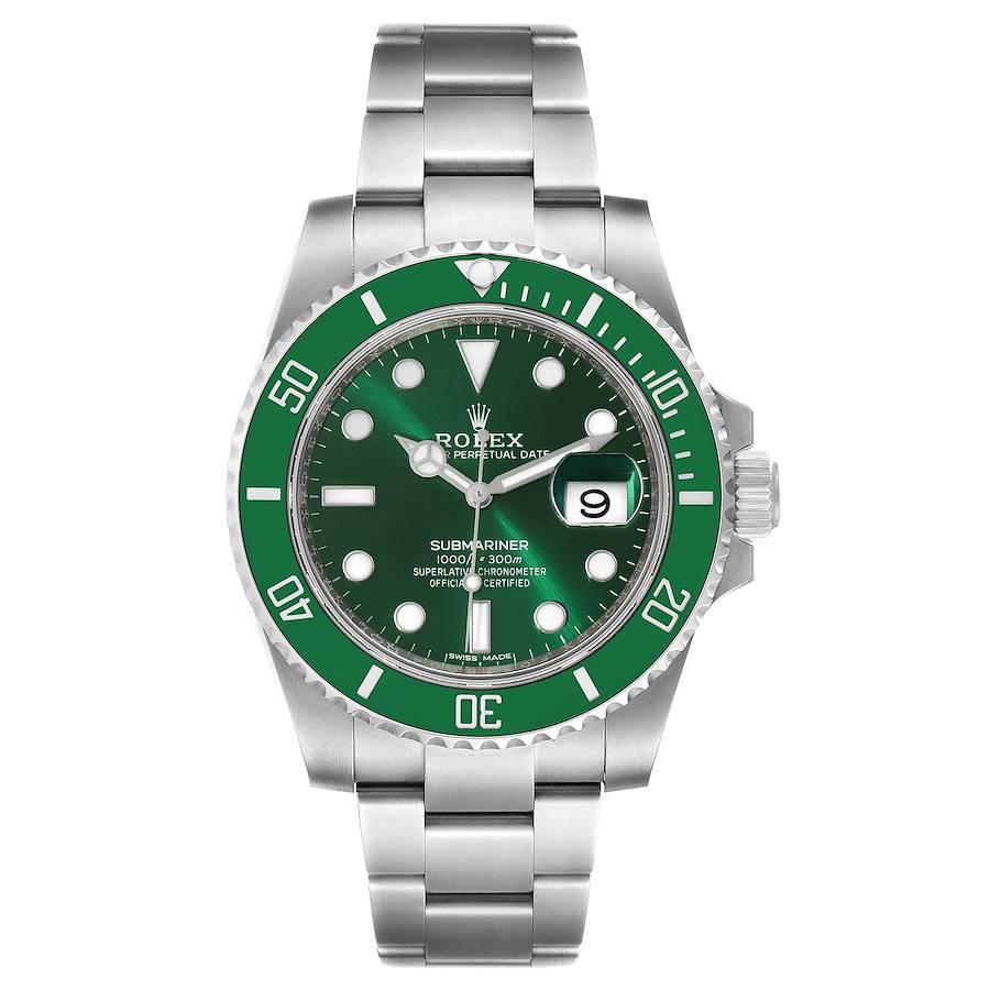 Rolex Submariner Hulk Green Dial Bezel Steel Mens Watch 116610. Officially certified chronometer self-winding movement. Oyster case 40 mm in diameter. Rolex logo on a crown. Special time-lapse unidirectional rotating green ceramic bezel. Scratch