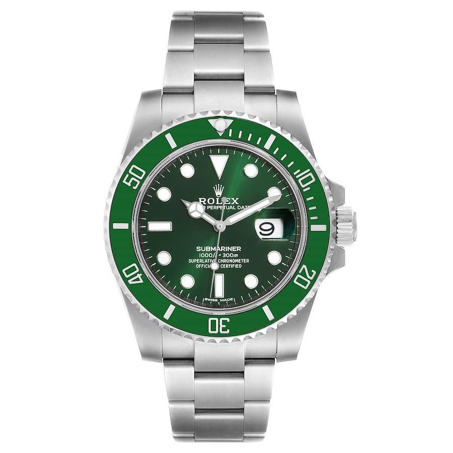 Rolex Submariner Hulk Green Dial Bezel Steel Mens Watch 116610 Unworn. Officially certified chronometer self-winding movement. Oyster case 40 mm in diameter. Rolex logo on a crown. Special time-lapse unidirectional rotating green ceramic bezel.