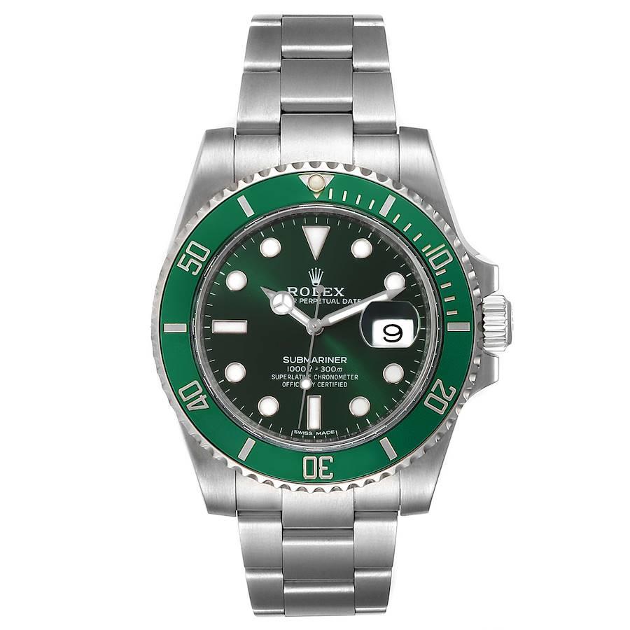 Rolex Submariner Hulk Green Dial Bezel Steel Mens Watch 116610LV Box Card. Officially certified chronometer self-winding movement. Oyster case 40 mm in diameter. Rolex logo on a crown. Special time-lapse unidirectional rotating green ceramic bezel.
