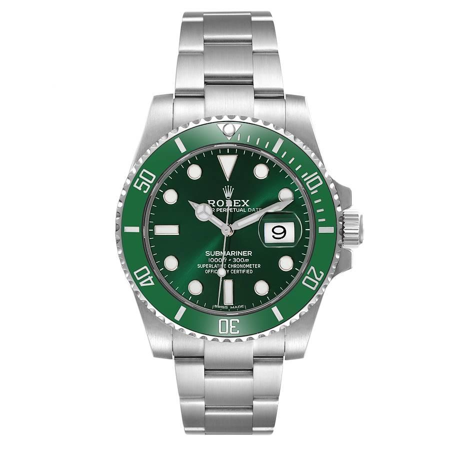 Rolex Submariner Hulk Green Dial Bezel Steel Mens Watch 116610LV Box Card. Officially certified chronometer self-winding movement. Oyster case 40 mm in diameter. Rolex logo on a crown. Special time-lapse unidirectional rotating green ceramic bezel.