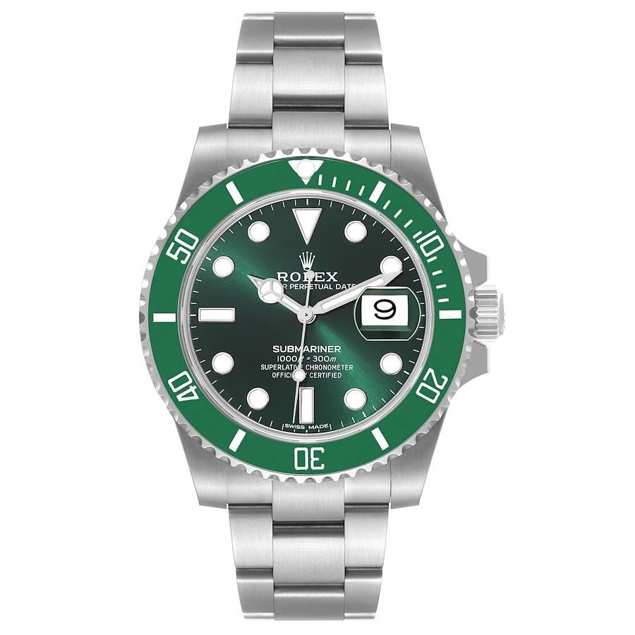 Rolex Submariner Hulk Green Dial Bezel Steel Mens Watch 116610LV Box Card. Officially certified chronometer automatic self-winding movement. Oyster case 40 mm in diameter. Rolex logo on the crown. Special time-lapse unidirectional rotating green