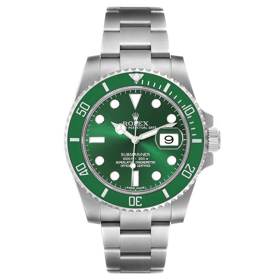 Rolex Submariner Hulk Green Dial Bezel Steel Mens Watch 116610LV Box Card. Officially certified chronometer automatic self-winding movement. Oyster case 40 mm in diameter. Rolex logo on the crown. Special time-lapse unidirectional rotating green