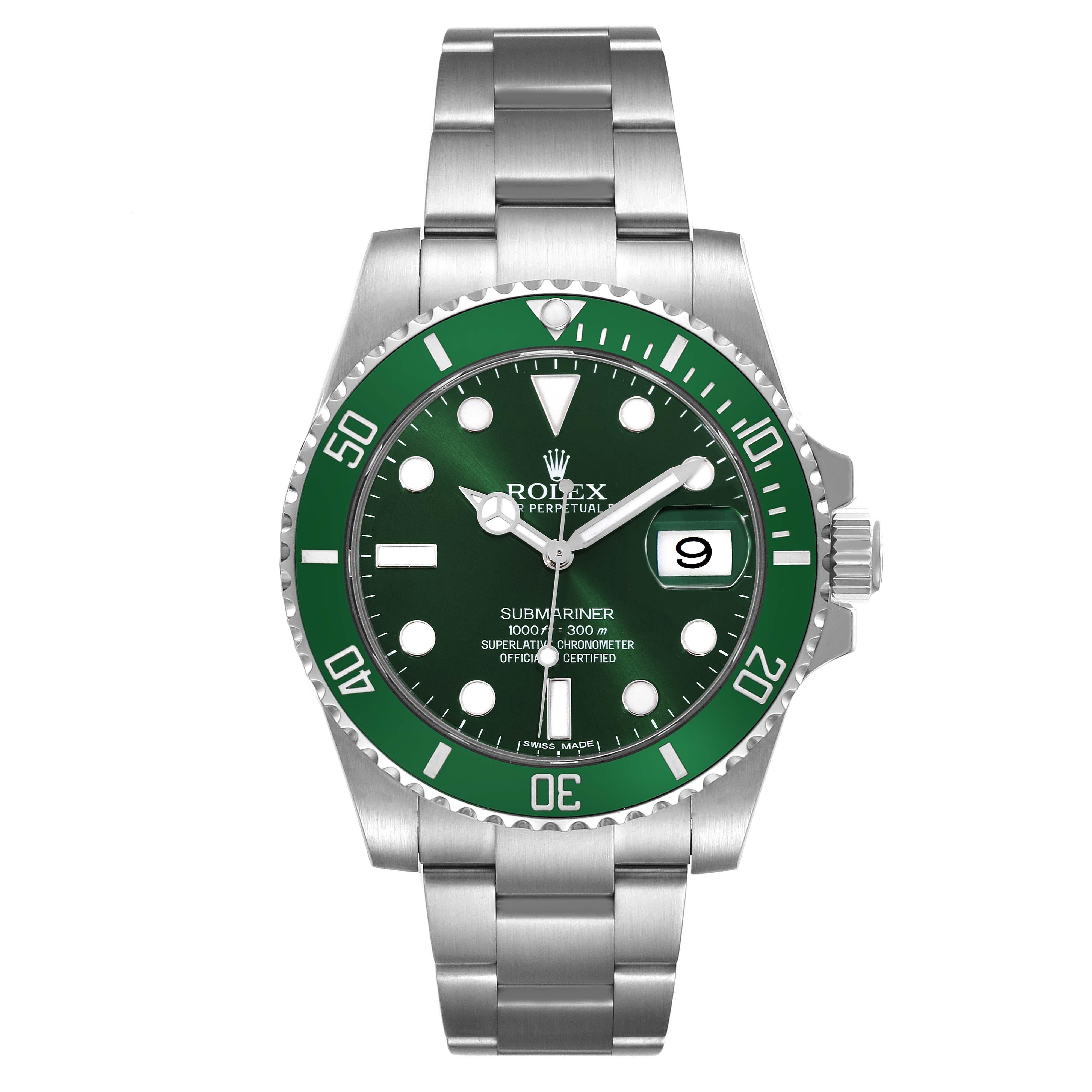 Rolex Submariner Hulk Green Dial Bezel Steel Mens Watch 116610LV Box Card. Officially certified chronometer automatic self-winding movement. Oyster case 40 mm in diameter. Rolex logo on the crown. Special time-lapse unidirectional rotating green