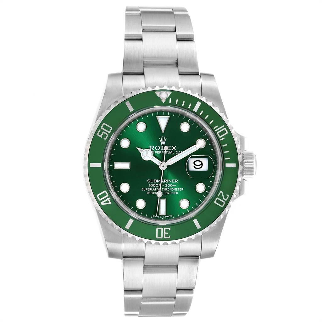 Rolex Submariner Hulk Green Dial Bezel Steel Mens Watch 116610LV. Officially certified chronometer self-winding movement. Oyster case 40 mm in diameter. Rolex logo on a crown. Special time-lapse unidirectional rotating green ceramic bezel. Scratch