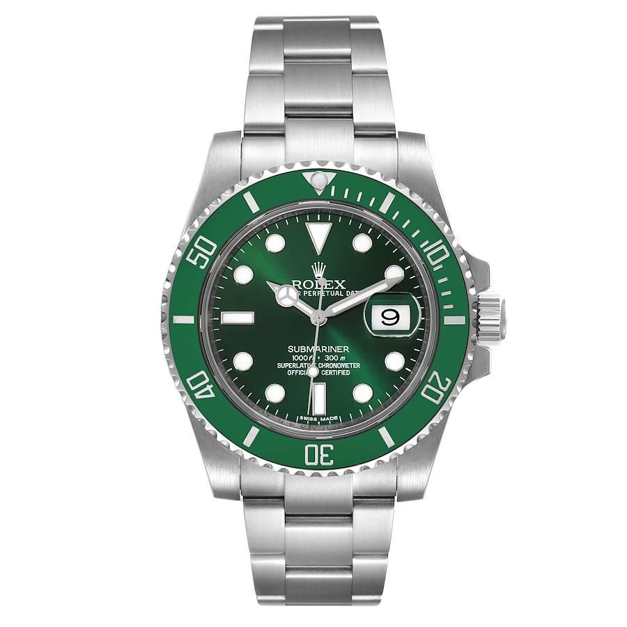 Rolex Submariner Hulk Green Dial Bezel Steel Mens Watch 116610LV. Officially certified chronometer self-winding movement. Oyster case 40 mm in diameter. Rolex logo on a crown. Special time-lapse unidirectional rotating green ceramic bezel. Scratch