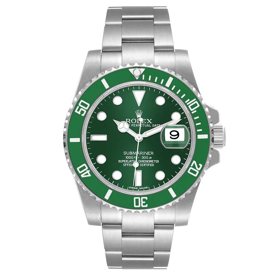 Rolex Submariner Hulk Grünes Zifferblatt Lünette Stahl Herrenuhr 116610LV. Offiziell zertifiziertes Chronometerwerk mit automatischem Aufzug. Oyster-Gehäuse mit einem Durchmesser von 40 mm. Rolex Logo auf einer Krone. Spezielle einseitig drehbare