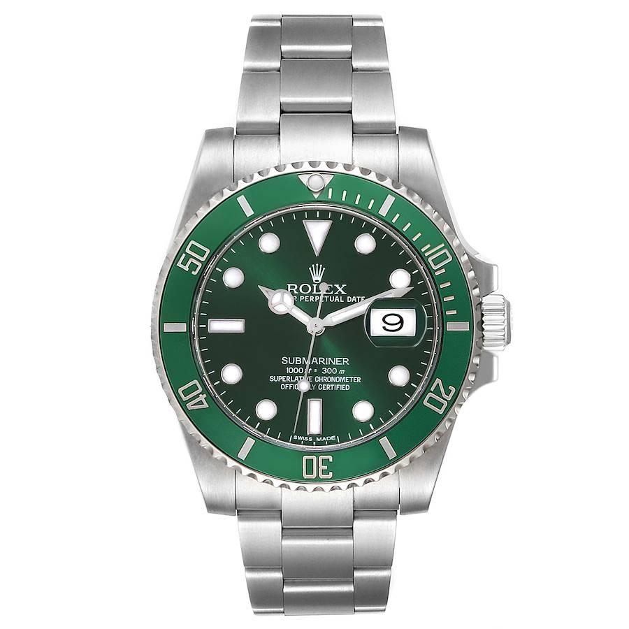 Rolex Submariner Hulk Green Dial Bezel Steel Mens Watch 116610LV. Officially certified chronometer automatic self-winding movement. Oyster case 40 mm in diameter. Rolex logo on the crown. Special time-lapse unidirectional rotating green ceramic