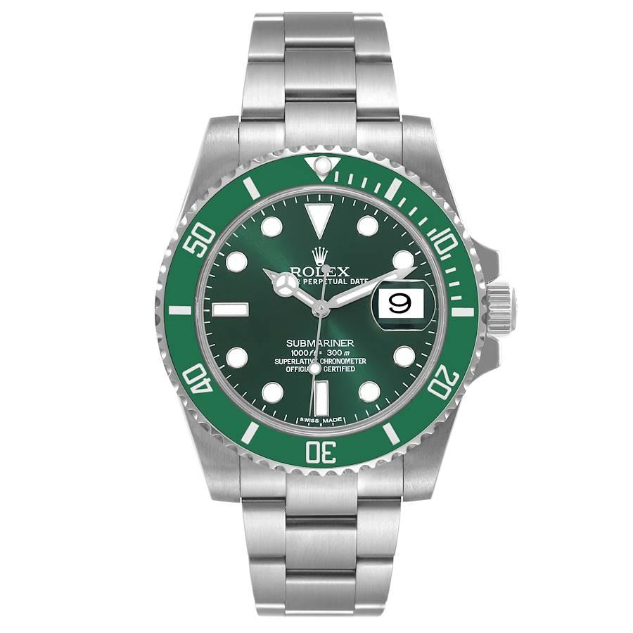 Rolex Submariner Hulk Green Dial Bezel Steel Mens Watch 116610LV. Officially certified chronometer automatic self-winding movement. Oyster case 40 mm in diameter. Rolex logo on the crown. Special time-lapse unidirectional rotating green ceramic