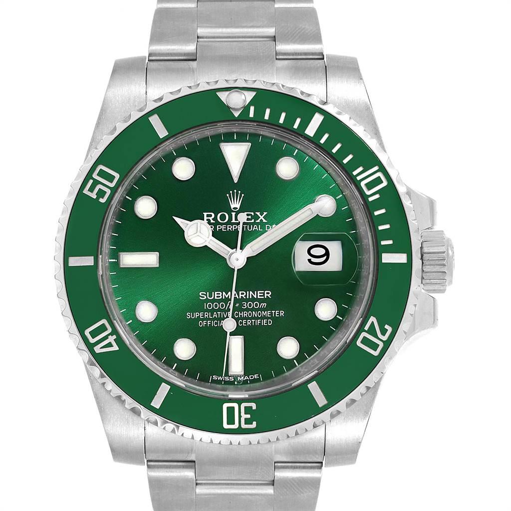 Rolex Submariner Hulk Green Dial Bezel Steel Steel Mens Watch 116610LV. Officially certified chronometer self-winding movement. Oyster case 40 mm in diameter. Rolex logo on a crown. Special time-lapse unidirectional rotating green ceramic bezel.