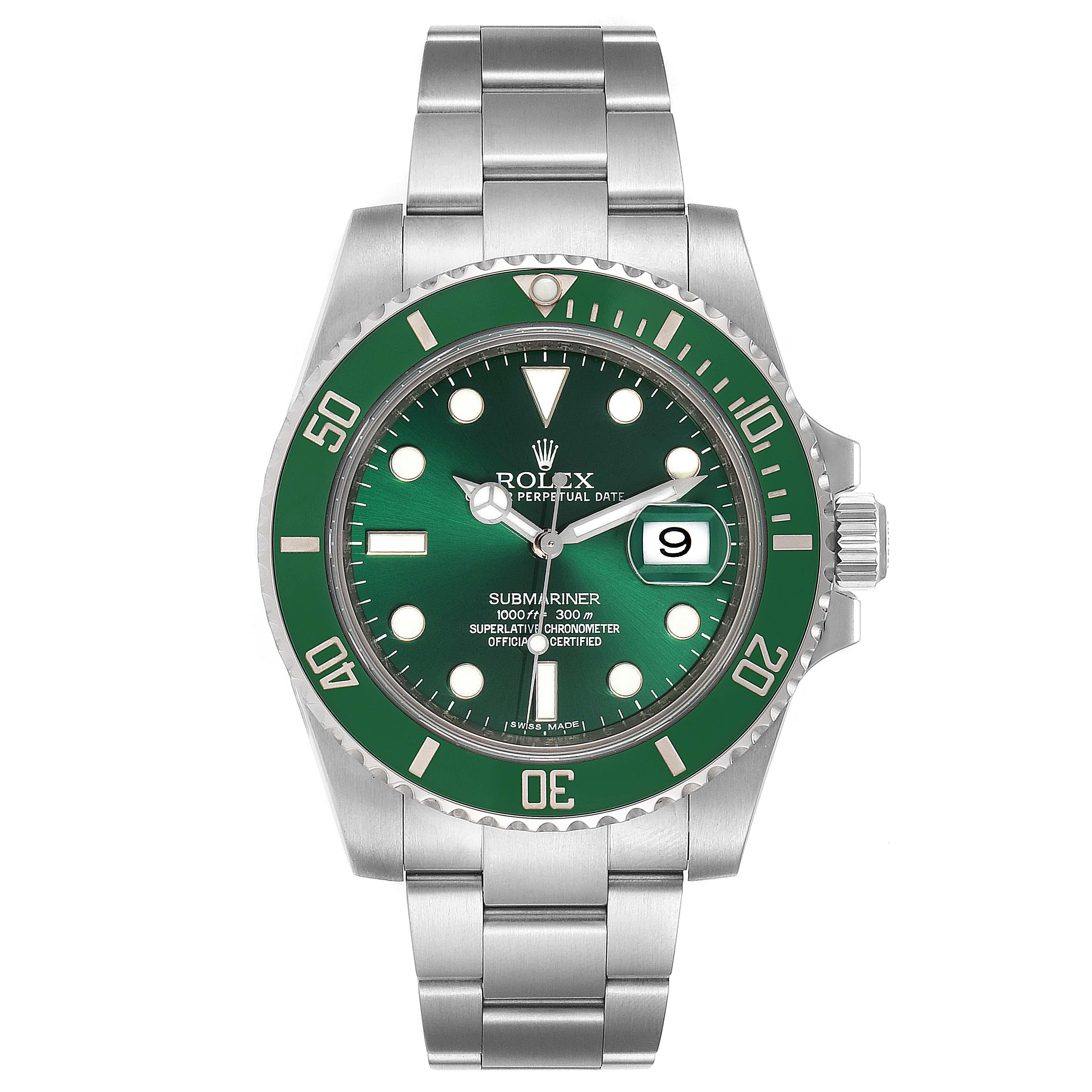 Rolex Submariner Hulk Green Dial Bezel Steel Steel Mens Watch 116610LV. Officially certified chronometer self-winding movement. Stainless steel case 40 mm in diameter. Rolex logo on a crown. Special time-lapse unidirectional rotating green ceramic