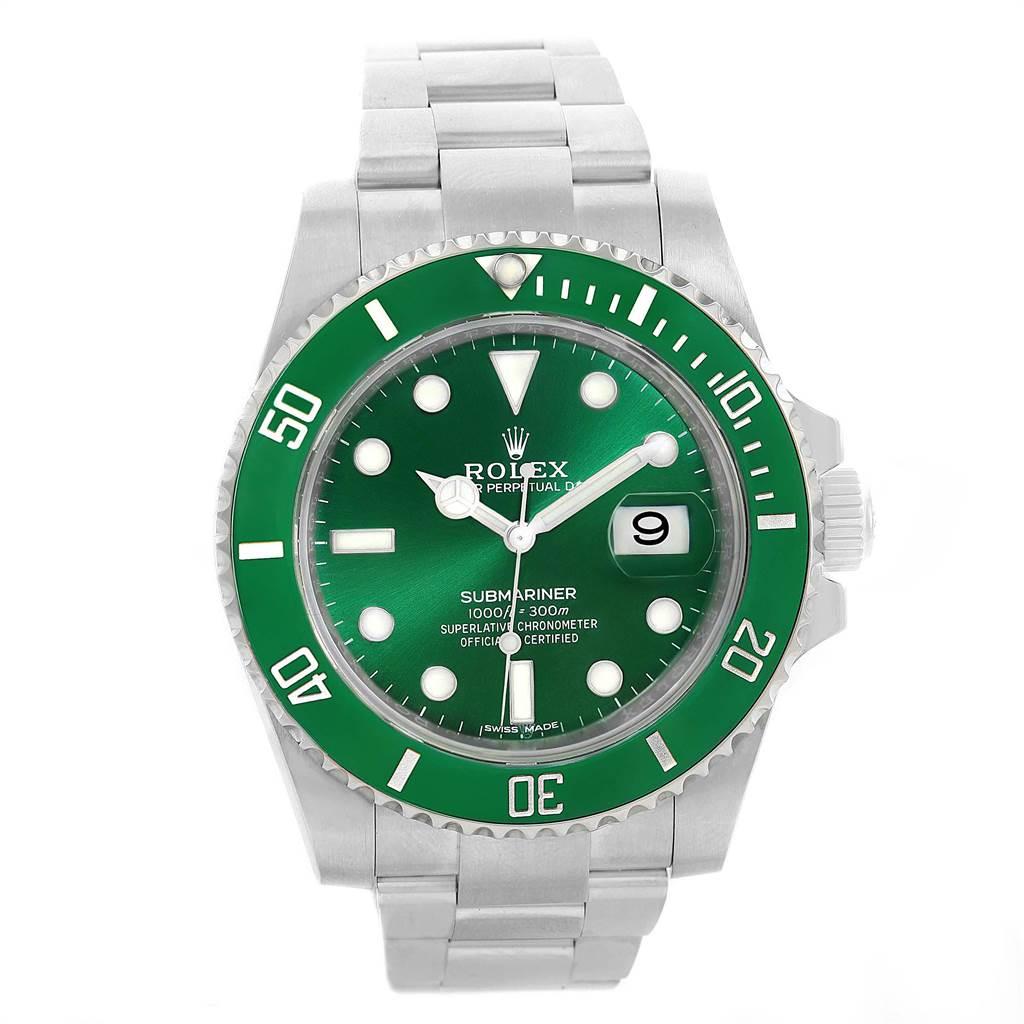 Rolex Submariner Hulk Green Dial Bezel Steel Watch 116610LV. Officially certified chronometer self-winding movement. Oyster case 40 mm in diameter. Rolex logo on a crown. Special time-lapse unidirectional rotating green ceramic bezel. Scratch