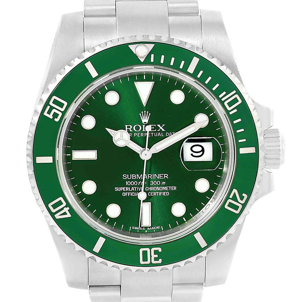 Rolex Submariner Hulk Green Dial Bezel Mens Watch 116610LV. Officially certified chronometer automatic self-winding movement. Oyster case 40 mm in diameter. Rolex logo on a crown. Special time-lapse unidirectional rotating green ceramic bezel.