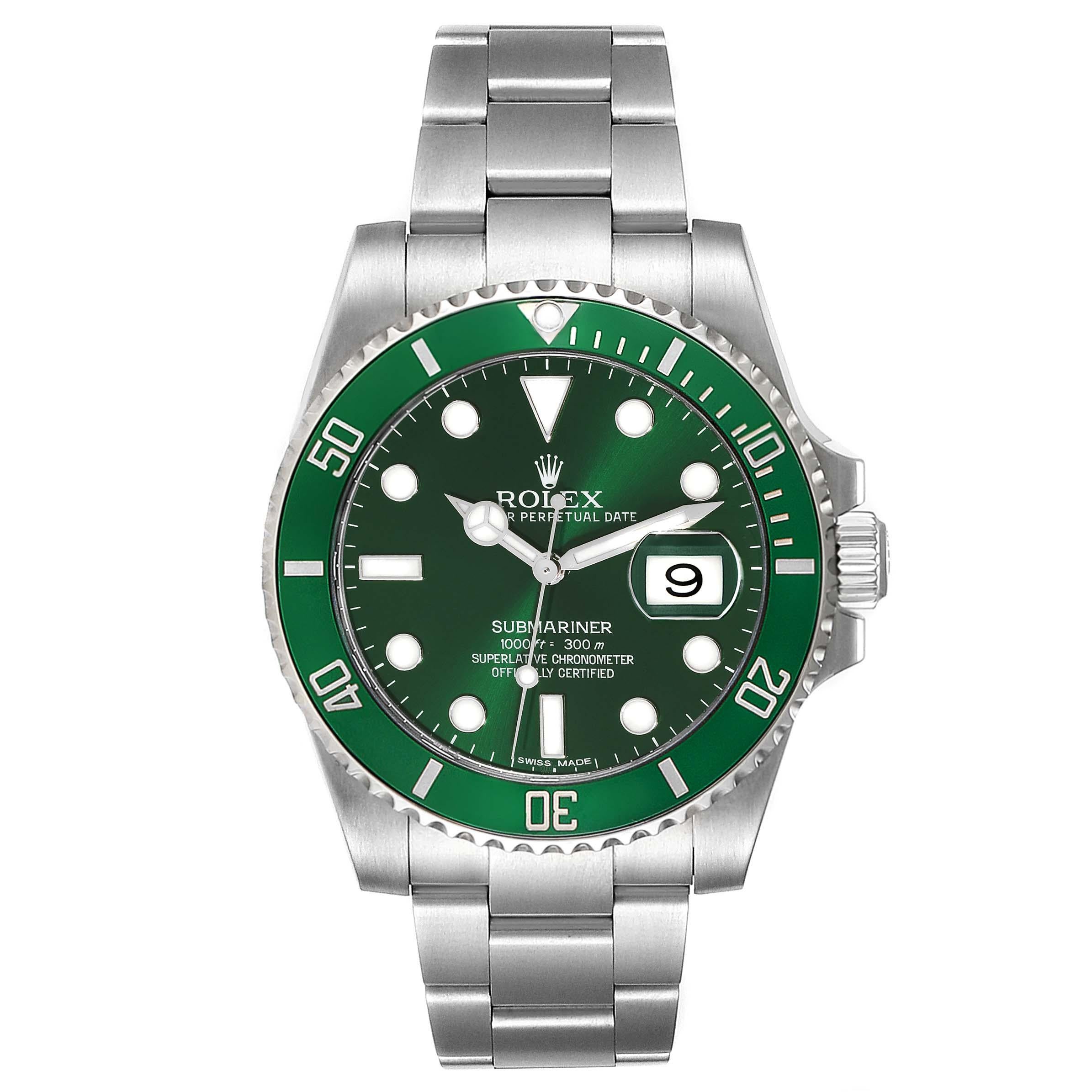 Rolex Submariner Hulk Green Dial Steel Mens Watch 116610LV Box Card. Officially certified chronometer automatic self-winding movement. Oyster case 40 mm in diameter. Rolex logo on the crown. Special time-lapse unidirectional rotating green ceramic