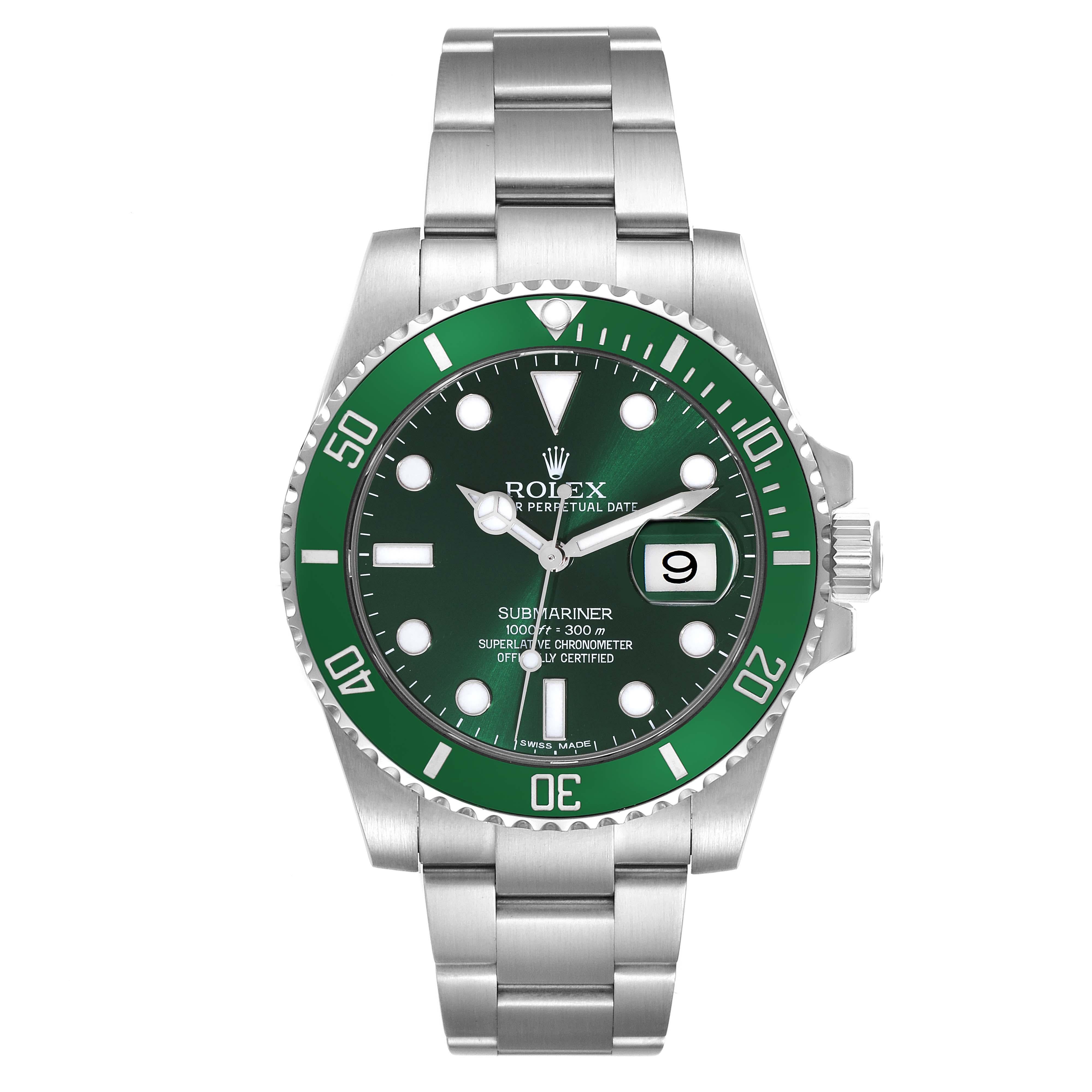 Rolex Submariner Hulk Green Dial Steel Mens Watch 116610LV Box Card. Officially certified chronometer automatic self-winding movement. Stainless steel oyster case 40 mm in diameter. Rolex logo on the crown. Special time-lapse unidirectional rotating