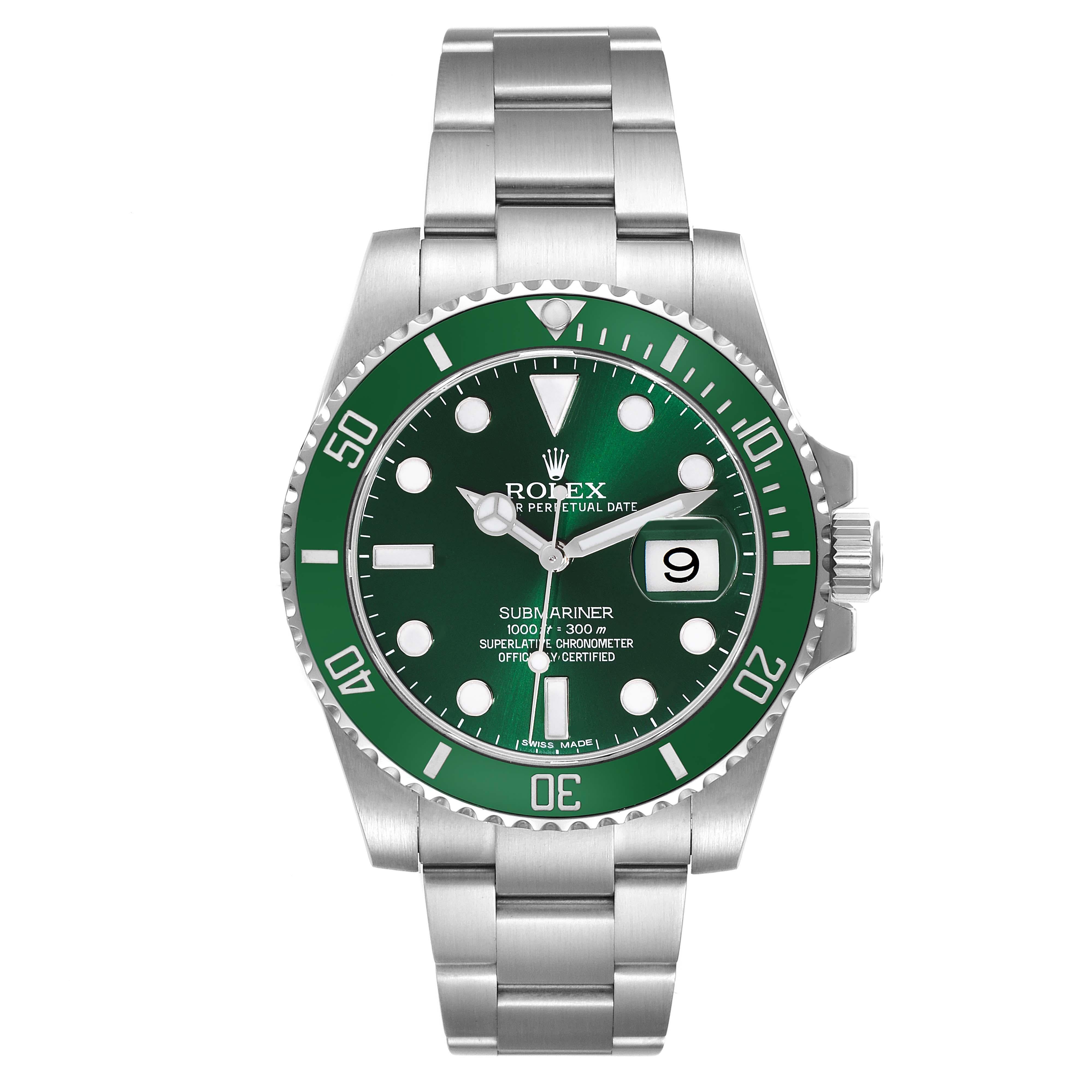 Reloj de caballero Rolex Submariner Hulk de acero con esfera verde 116610LV Tarjeta de caja. Movimiento automático con certificado oficial de cronómetro. Caja Oyster de 40 mm de diámetro. Logotipo Rolex en la corona. Bisel especial de cerámica verde