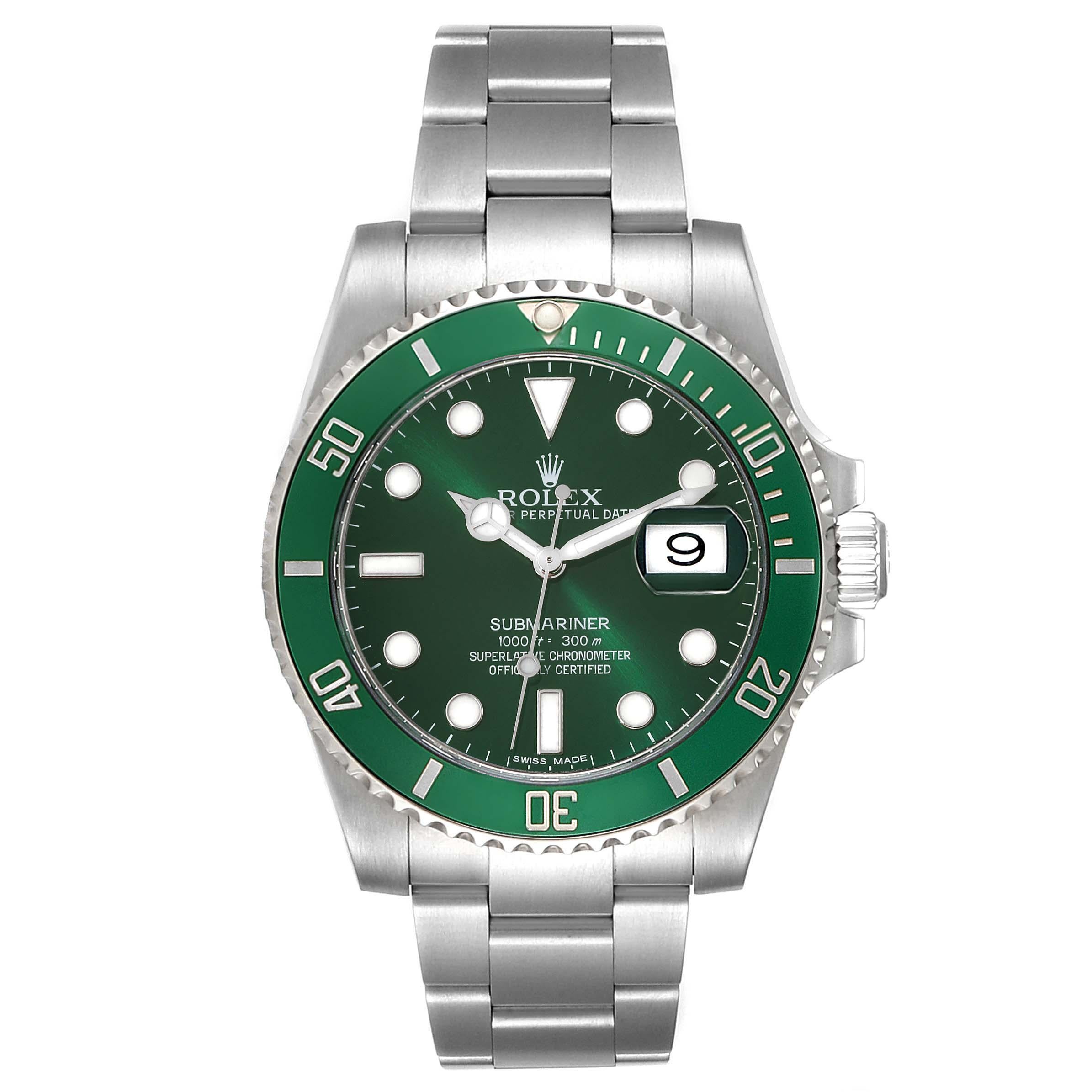 Rolex Submariner Hulk Green Dial Steel Mens Watch 116610LV Box Card. Officially certified chronometer automatic self-winding movement. Oyster case 40 mm in diameter. Rolex logo on the crown. Special time-lapse unidirectional rotating green ceramic