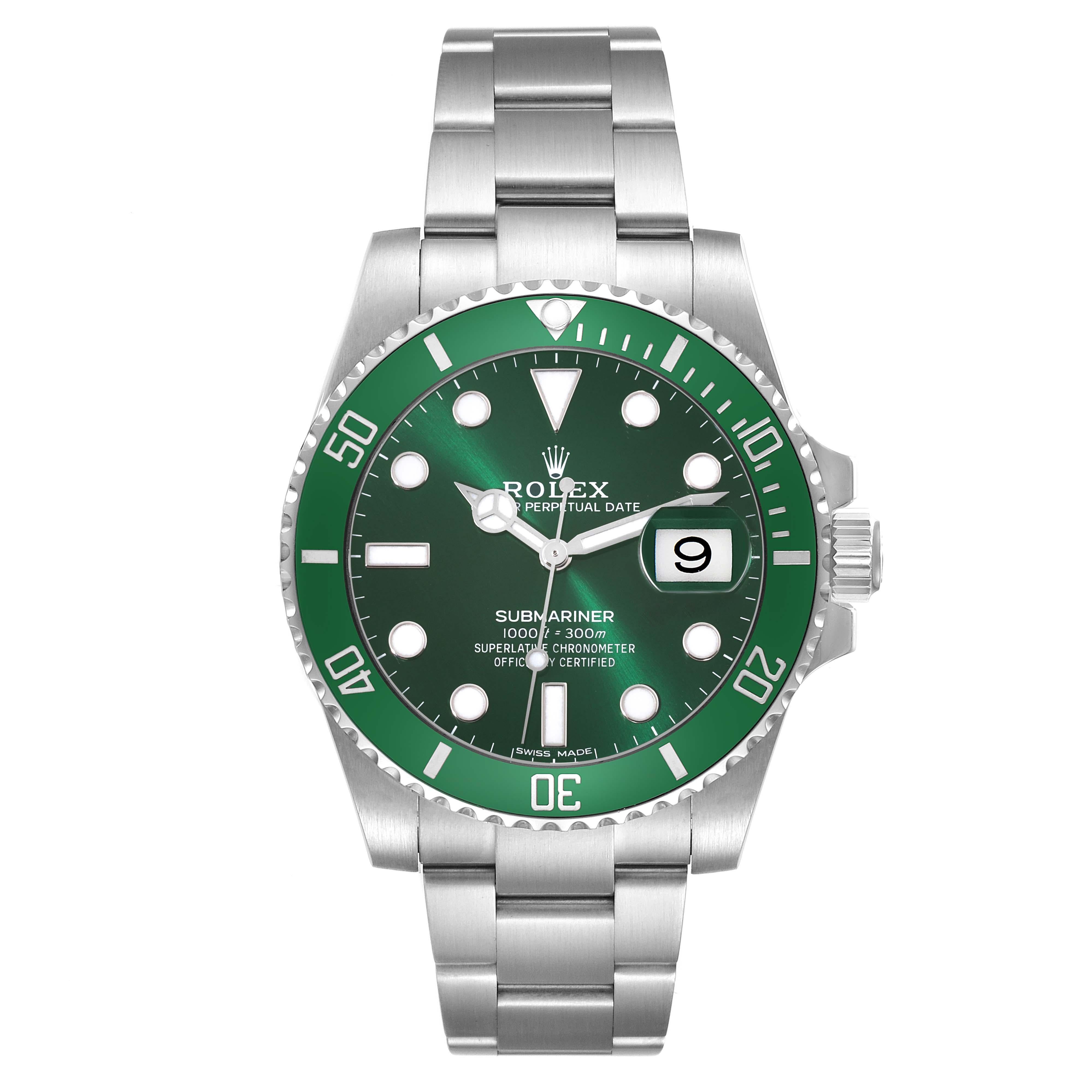 Rolex Submariner Hulk Green Dial Steel Mens Watch 116610LV Box Card. Officially certified chronometer automatic self-winding movement. Oyster case 40 mm in diameter. Rolex logo on the crown. Special time-lapse unidirectional rotating green ceramic