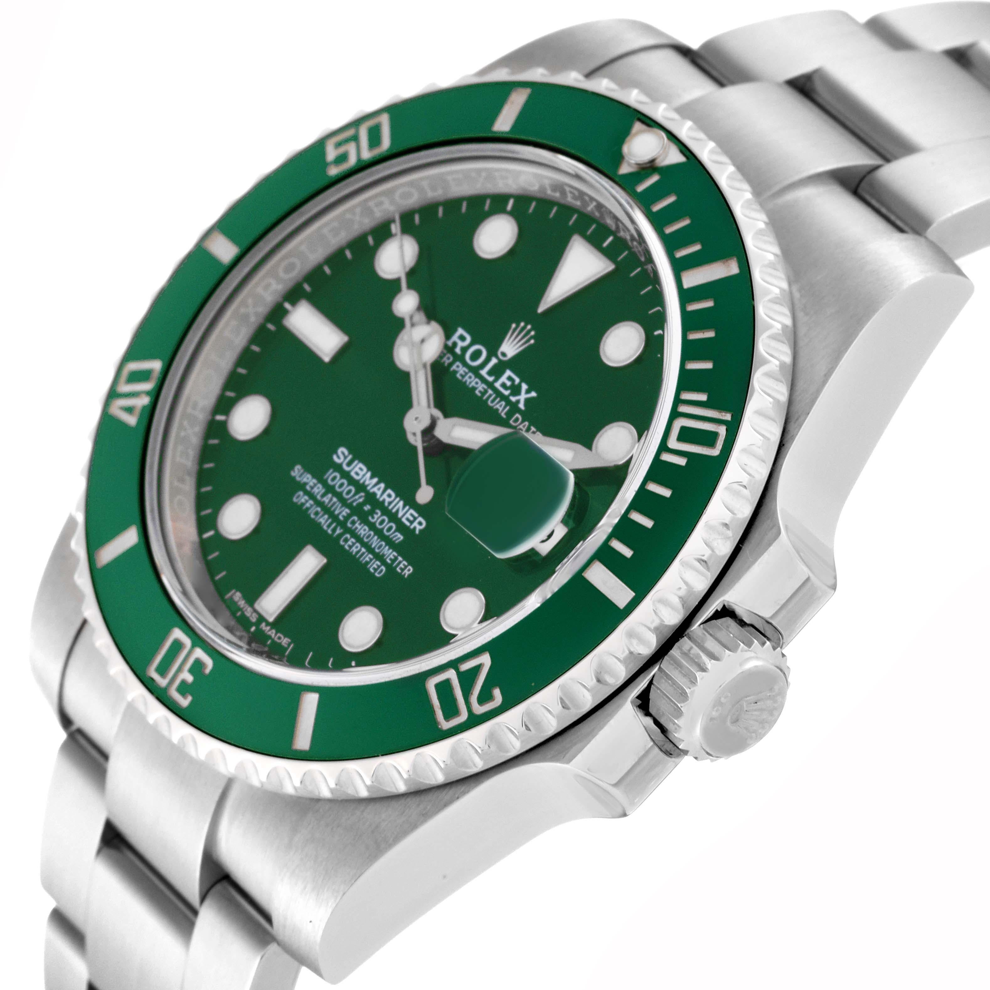 Rolex Submariner Hulk Green Dial Steel Mens Watch 116610LV Box Card In Excellent Condition For Sale In Atlanta, GA