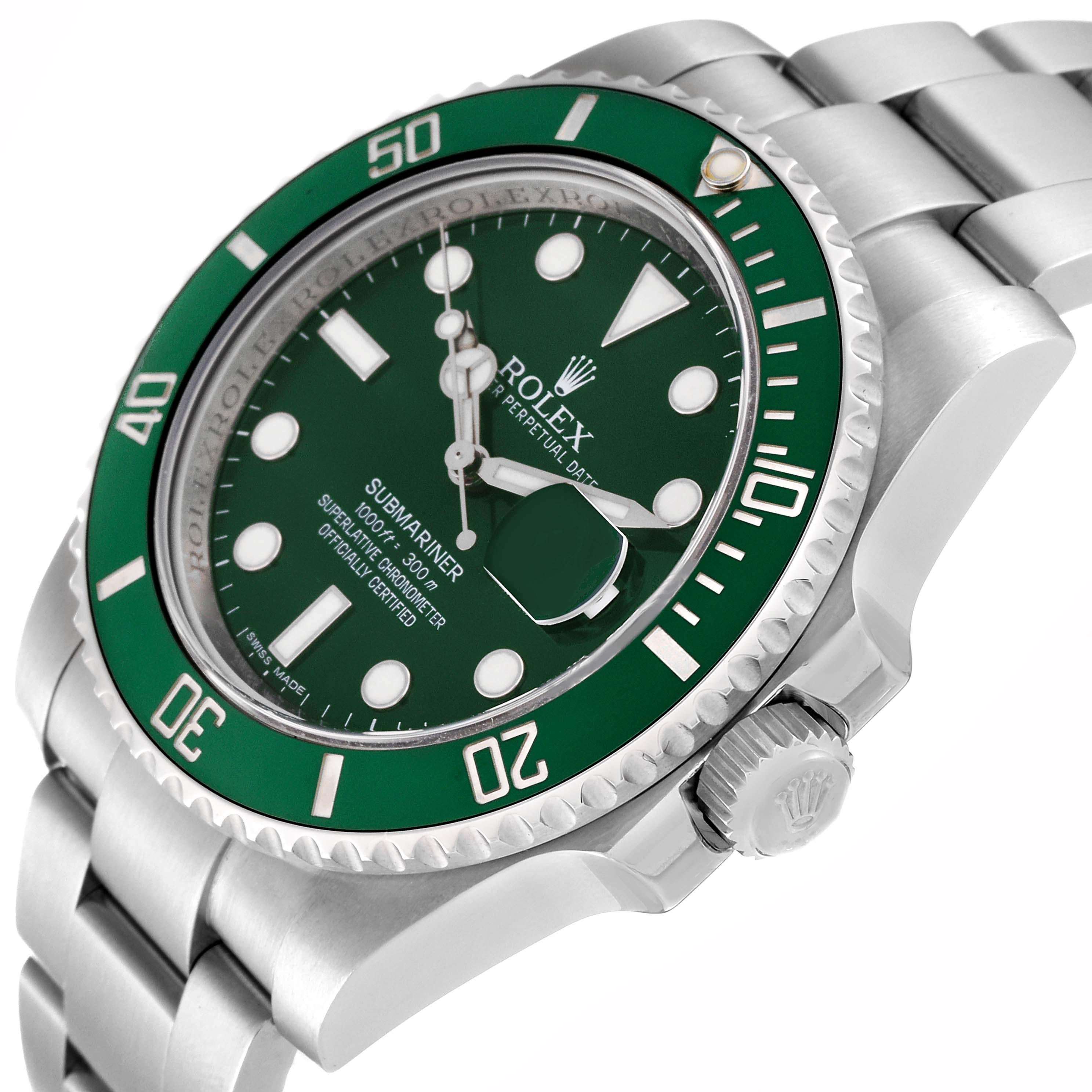 Rolex Submariner Hulk Green Dial Steel Mens Watch 116610LV Boîte Card en vente 4