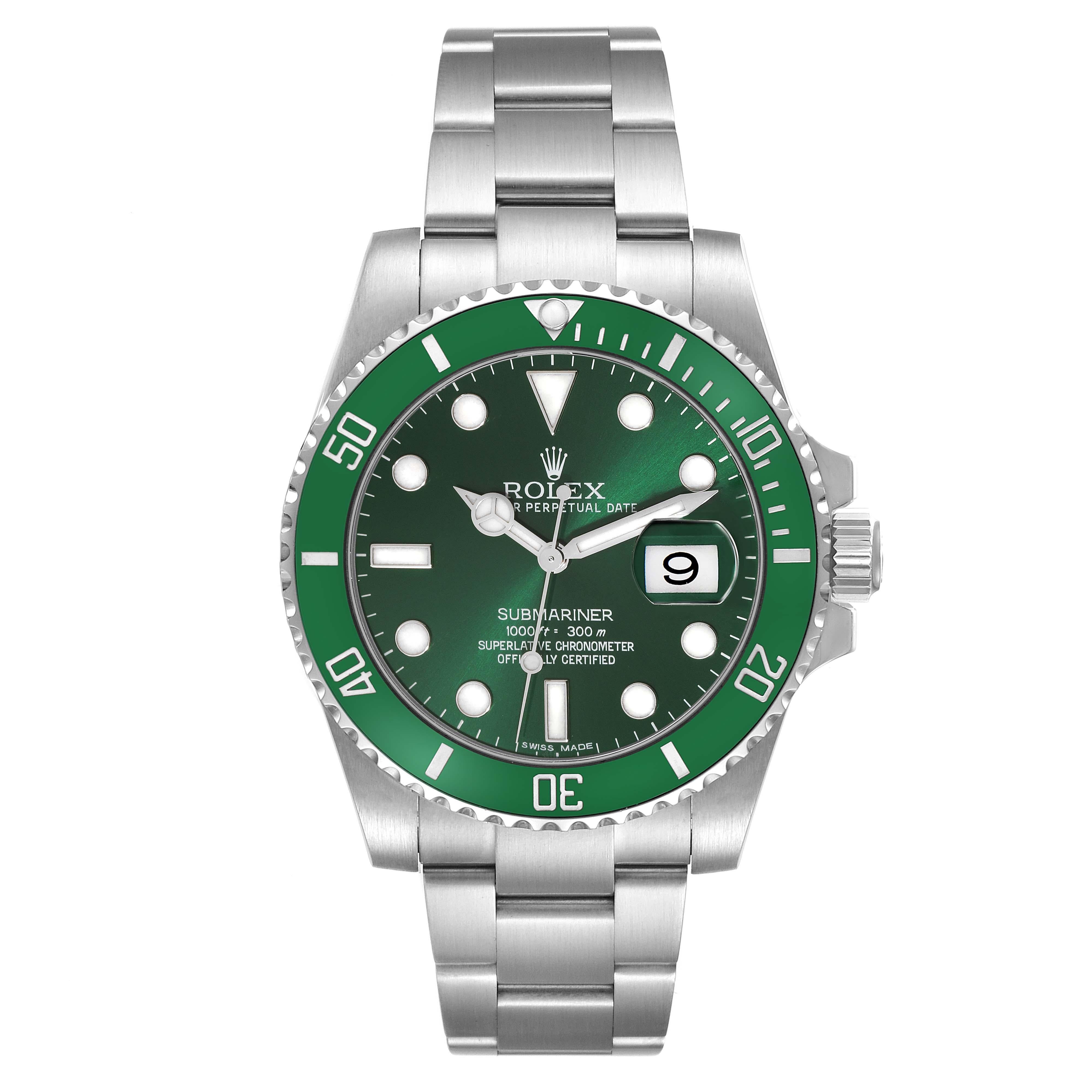 Men's Rolex Submariner Hulk Green Dial Steel Mens Watch 116610LV Card For Sale