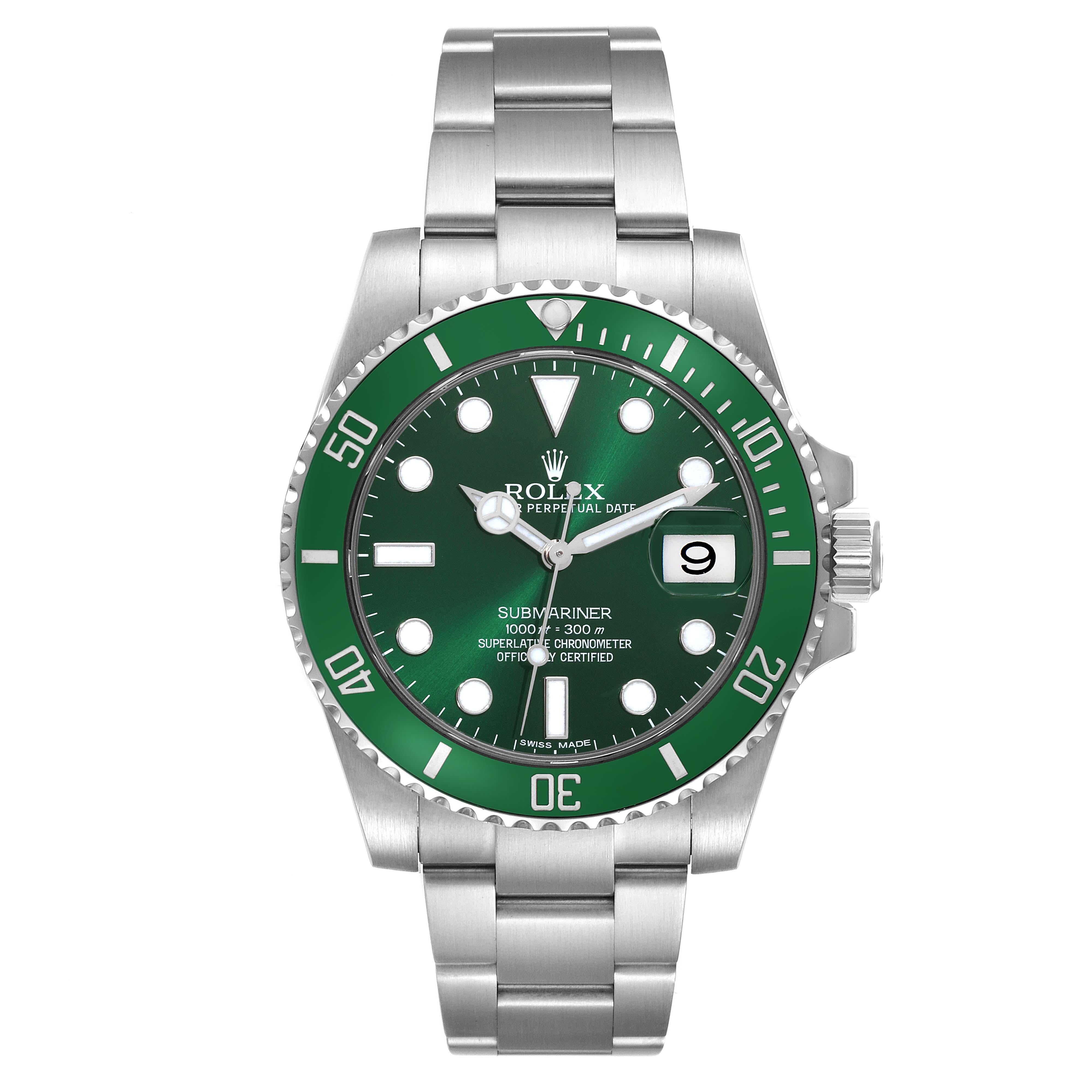 Rolex Submariner Hulk Green Dial Steel Mens Watch 116610LV. Officially certified chronometer automatic self-winding movement. Oyster case 40 mm in diameter. Rolex logo on the crown. Special time-lapse unidirectional rotating green ceramic bezel.