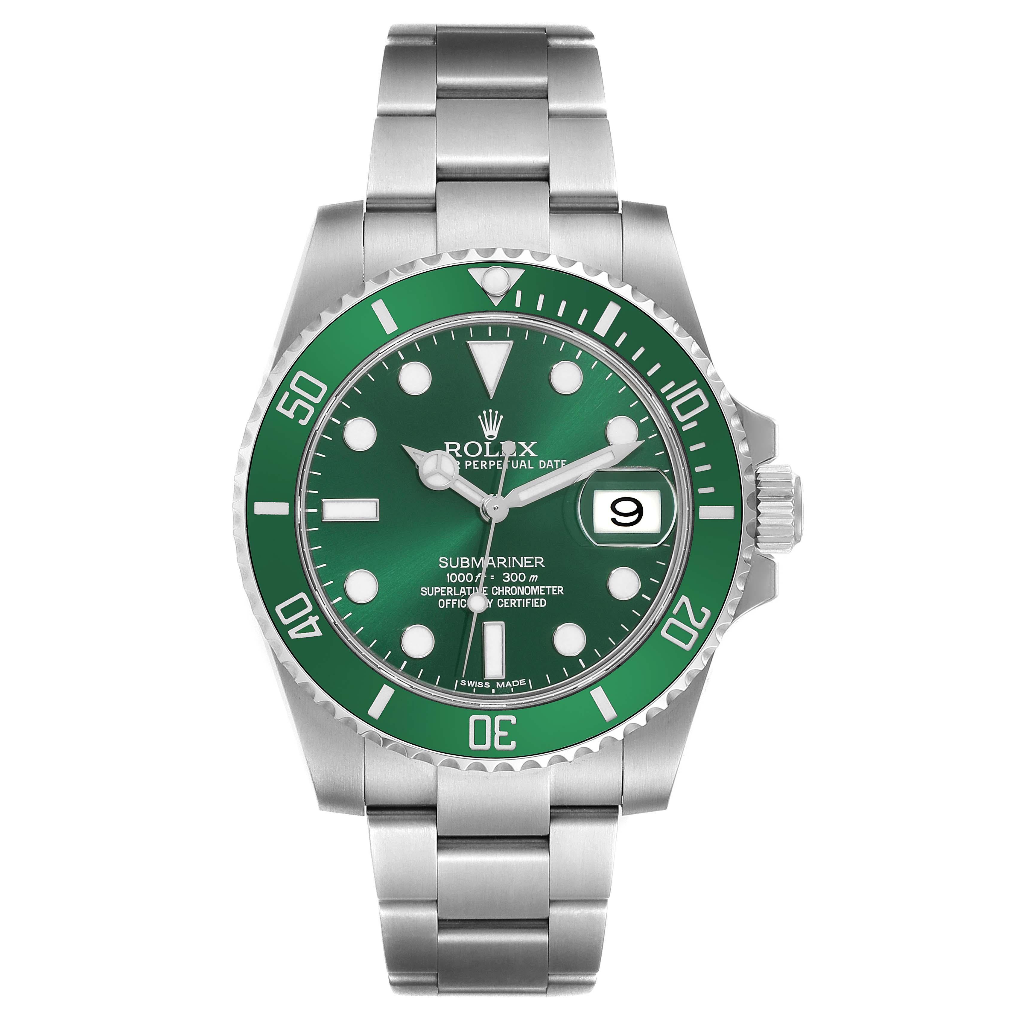 Rolex Submariner Hulk Green Dial Steel Mens Watch 116610LV. Officially certified chronometer automatic self-winding movement. Oyster case 40 mm in diameter. Rolex logo on the crown. Special time-lapse unidirectional rotating green ceramic bezel.